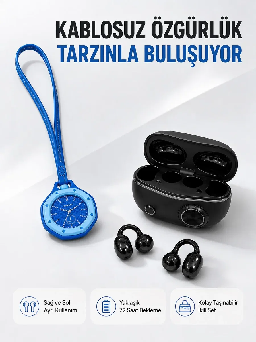 Kablosuz Kulaklık ve Mavi Çanta Charm Saat Kampanya Seti Taşınabilir Günlük Kullanım