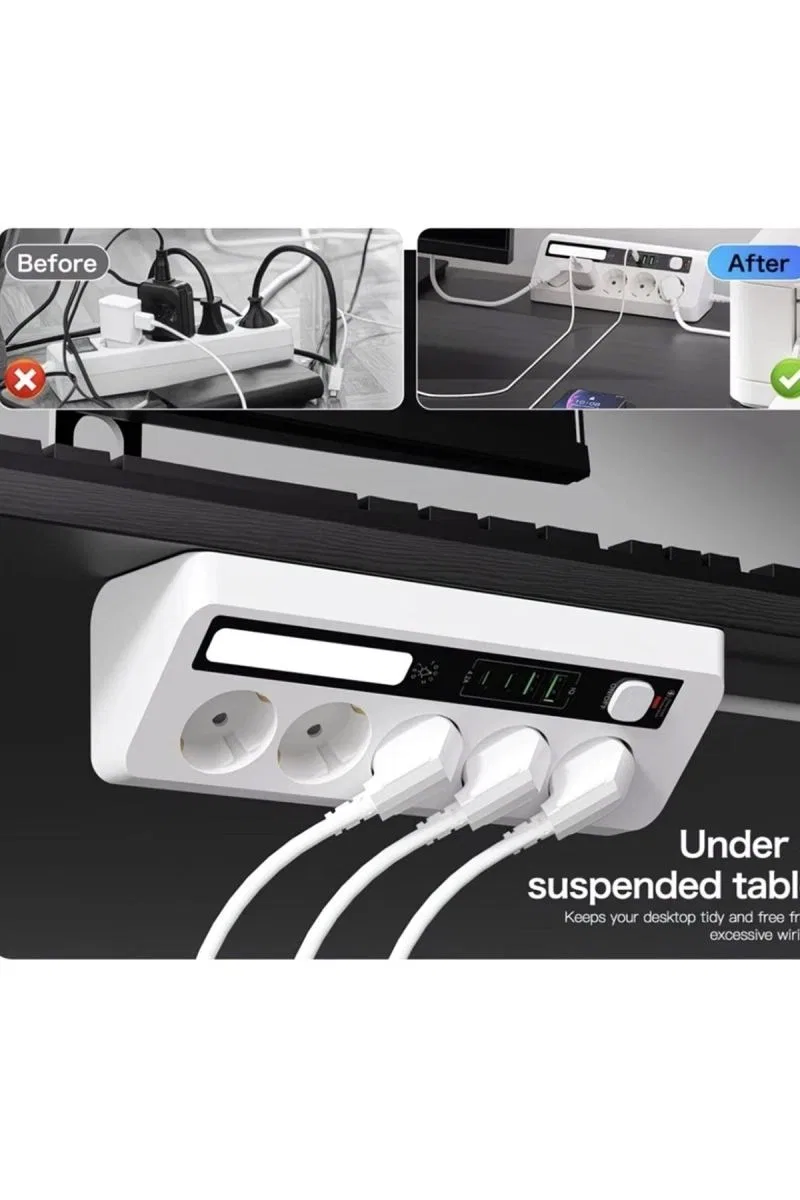 5’li Akım Korumalı Priz 2500w | 2 Usb + 2 Type-c Hızlı Şarj | Led Gece Lambalı | Dokunmatik Beyaz görsel 2