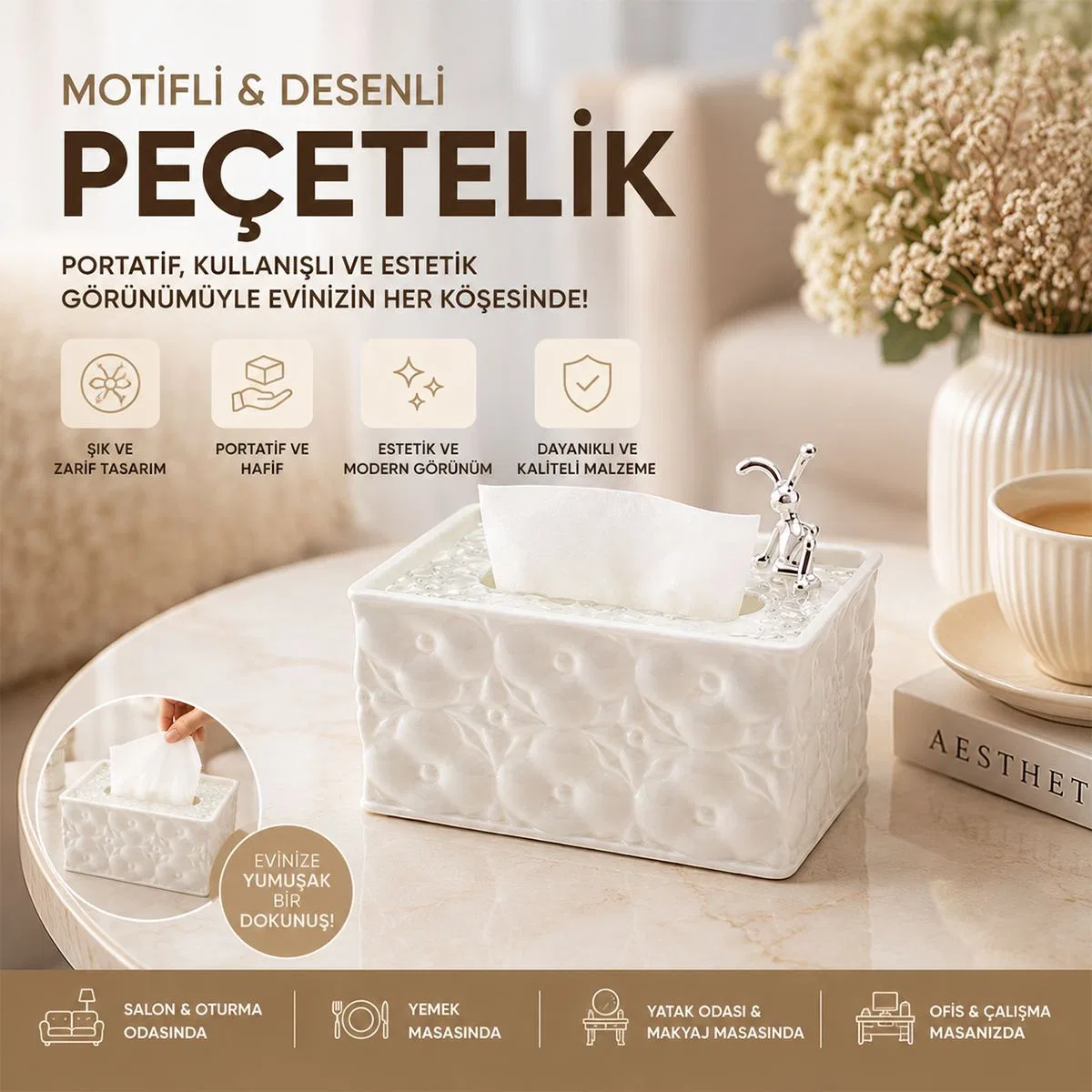 Dikdörtgen Masaüstü Peçetelik (18. 4×12. 5×9 cm) Beyaz görsel 2