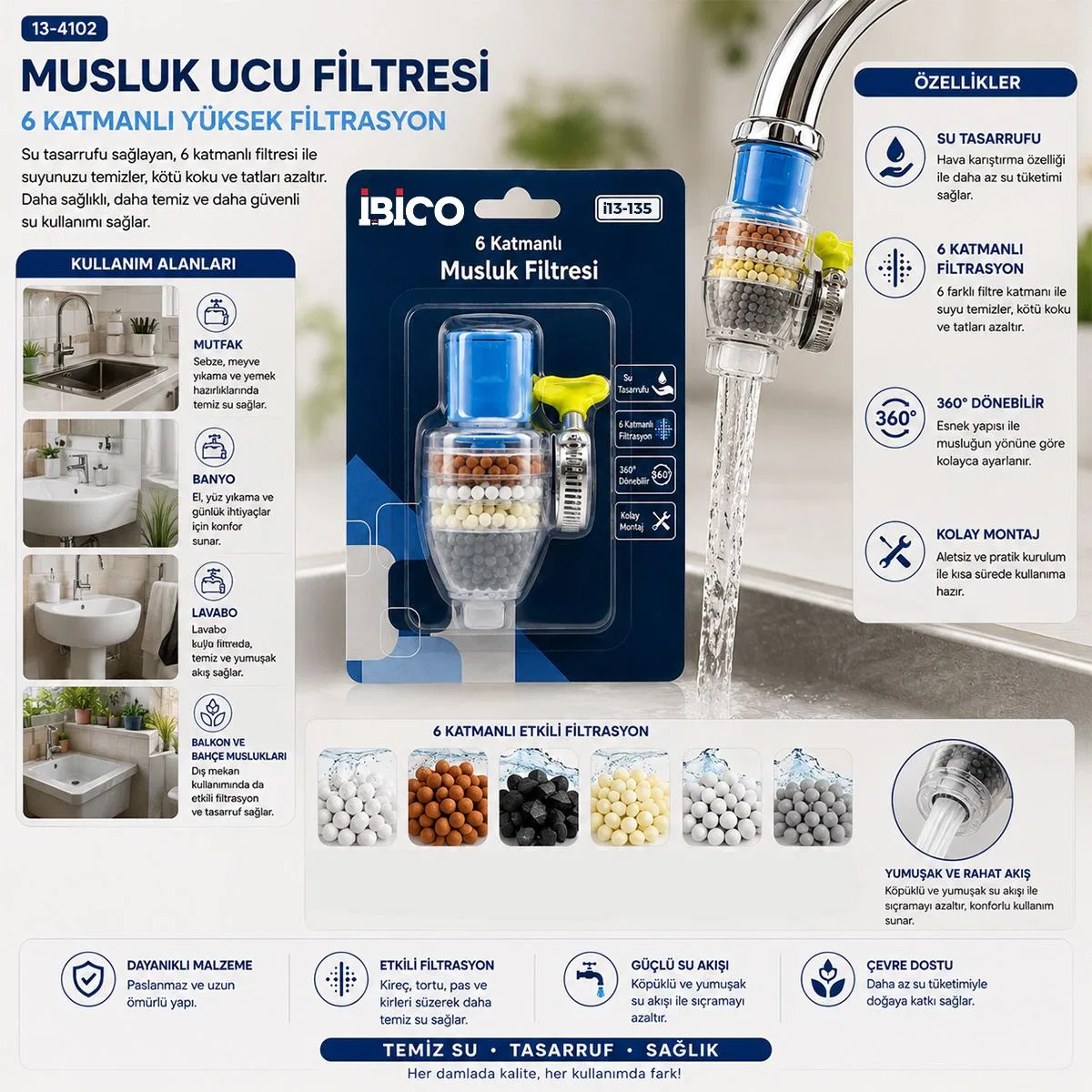 Musluk Ucu Filtre 6 Katmanlı 360° (16-19mm Uyumlu) görsel 2