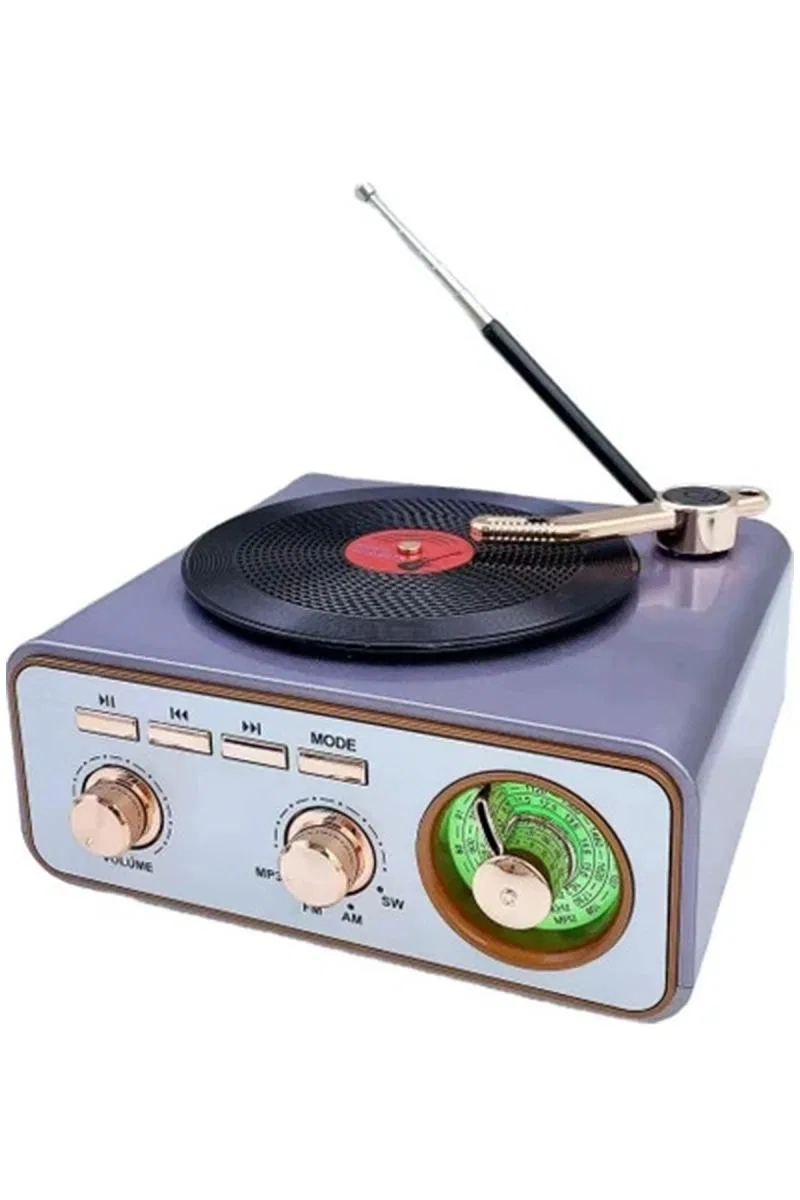 Metalik Nostaljik Tasarım Plak Çalar Görünümlü Radyolu Bluetooth Hoparlör Retro Müzik Plak görsel 3