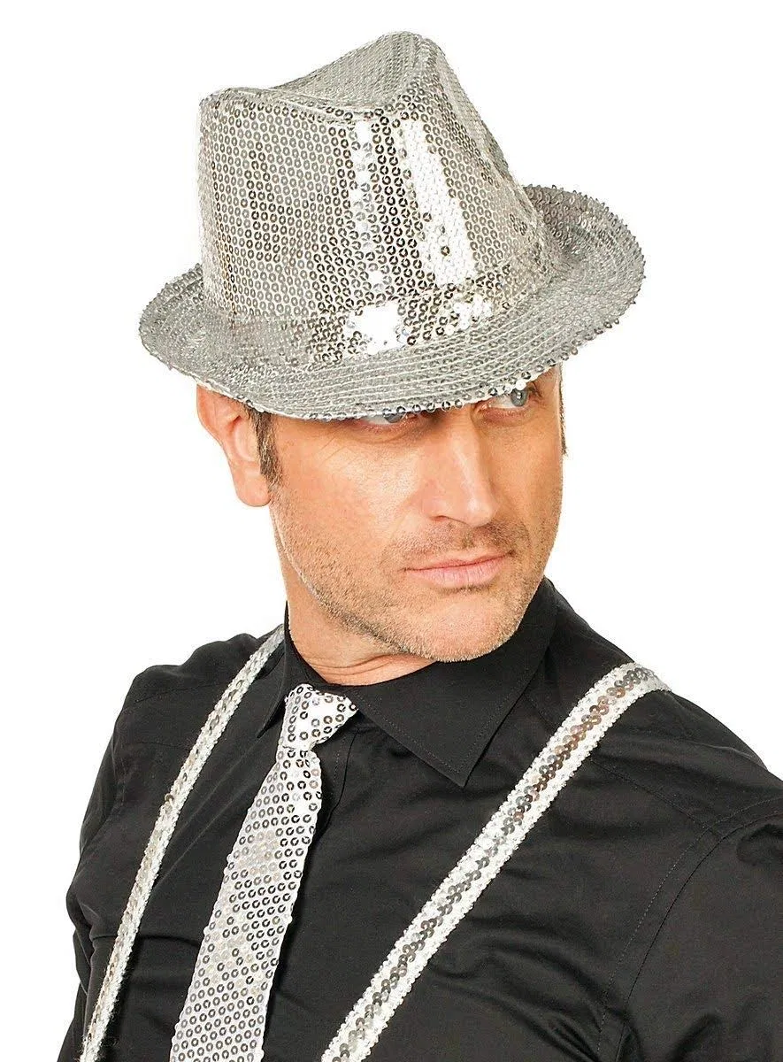 Disko Gümüş Payetli Fötr Şapka Yetişkin Boy görsel 2