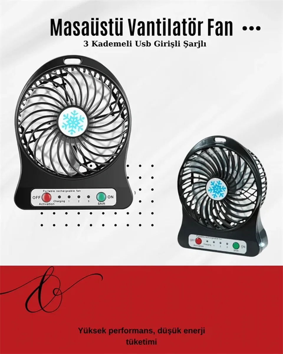 USB Girişli Taşınabilir Masaüstü Mini Fan – 3 Kademeli Hız, Şarjlı, Işıklı, Sessiz Çalışma görsel 2