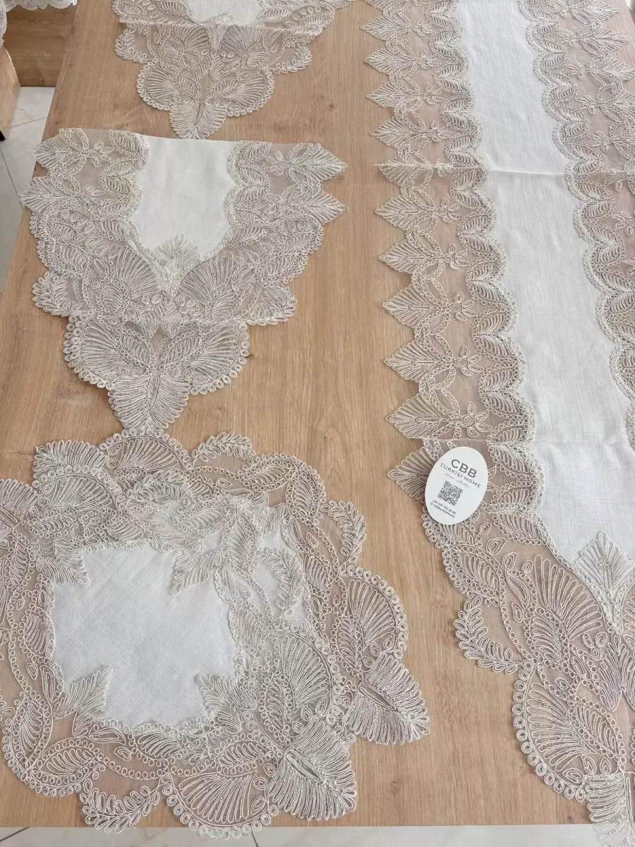 Salon Takımı Angel Çeyizlik Kreme Gold Runner Set 5 Parça Keten Ranır Masa Sehpa Konsol Örtüsü görsel 6