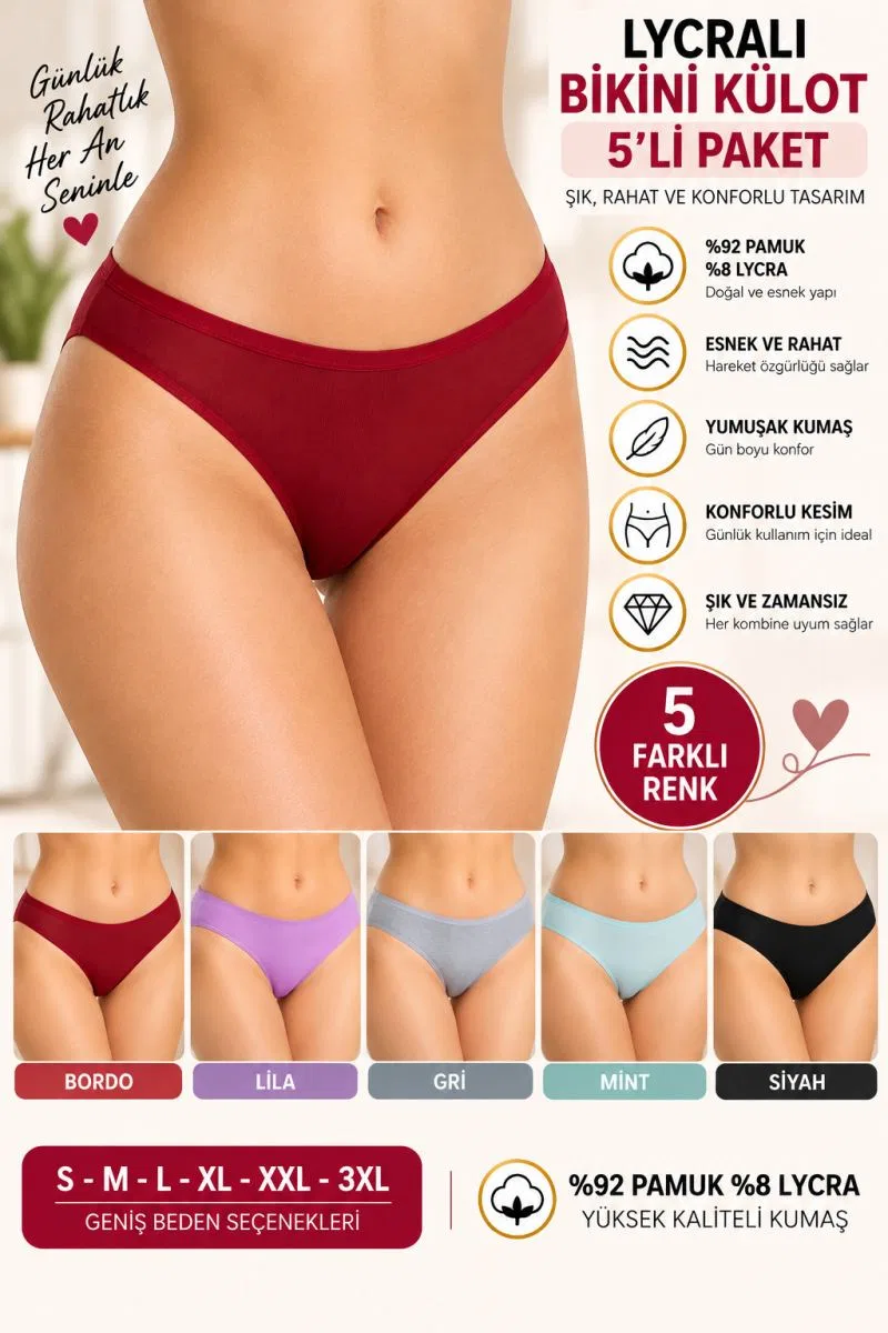 Kadın Likralı Bikini Külot 5'li Paket, Yumuşak Kumaş, Günlük Kadın İç Çamaşırı - ryl -500 görsel 2