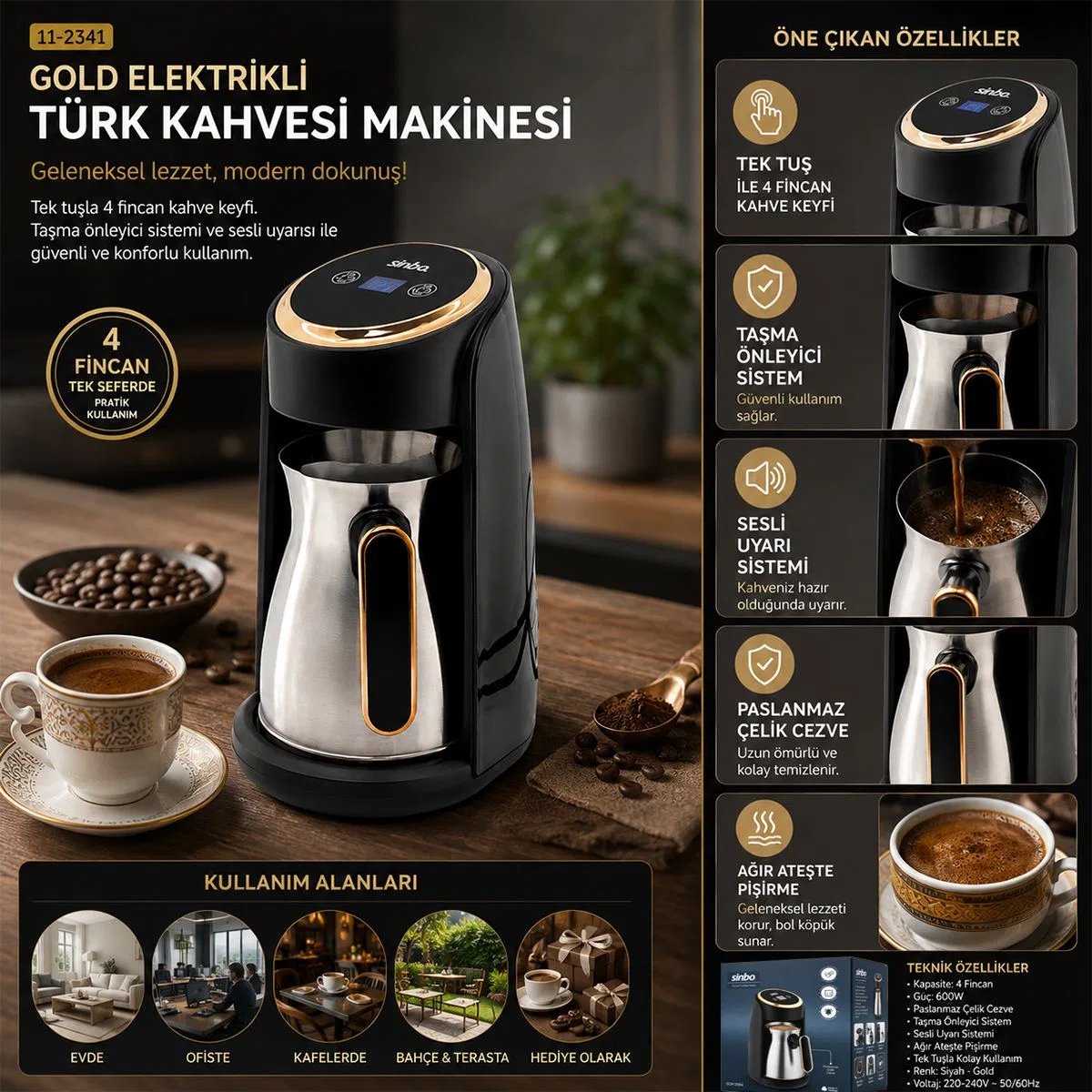 Elektrikli Türk Kahvesi Makinesi 4 Fincan - Sesli Uyarulu Taşma Önleyici görsel 3