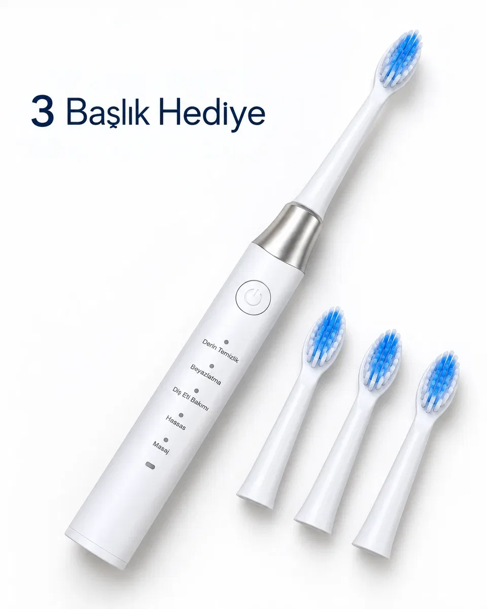 3 Yedek Başlık Hediyeli USB Şarjlı Beyaz Elektrikli Diş Fırçası görsel 3