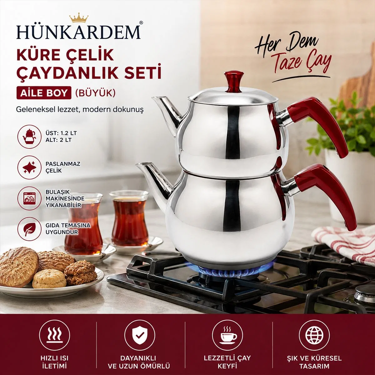 Büyük Küre Çelik Çaydanlık Seti Üst 1. 2 Lt Alt 2. 0 Lt görsel 3