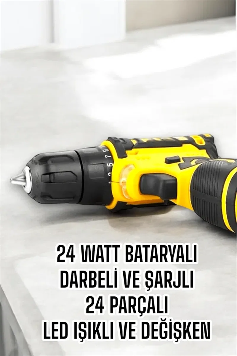 Çift Bataryalı Metal Dişli Darbeli Şarjlı Matkap Seti 24W Güç ve 24 Parça Aksesuar görsel 4