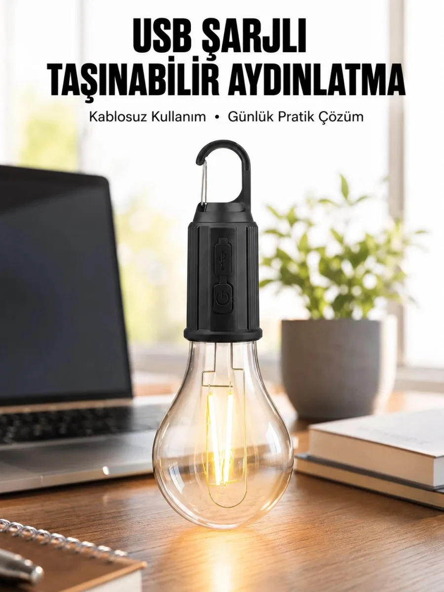 Şarjlı Dekoratif Kamp Lambası Askılı Ampul Led Işık Type-c Girişli