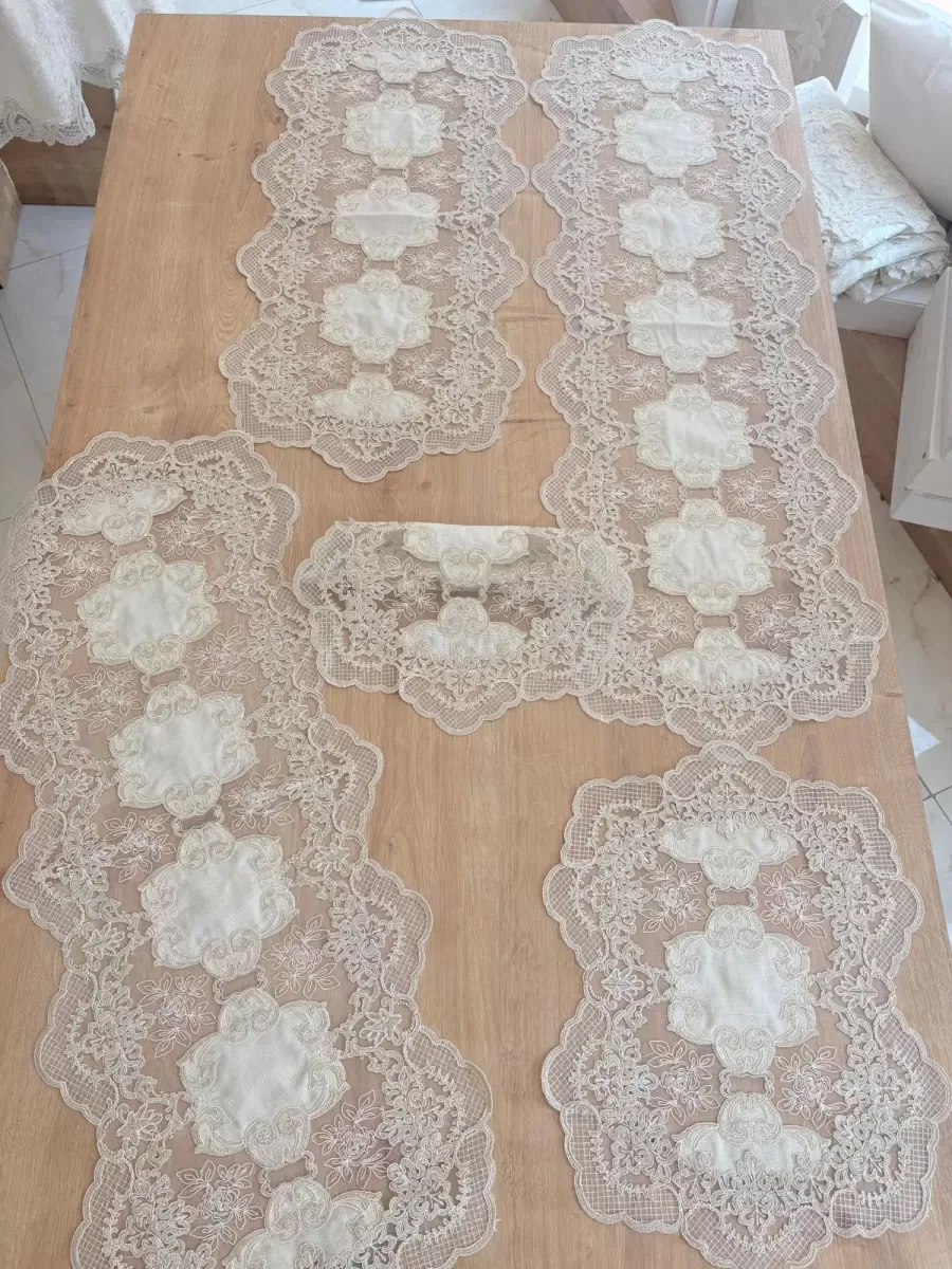 Salon Takımı Çeyizlik Krem Runner Set 5 Parça Keten Ranır Masa Konsol Sehpa Örtüsü Orkide görsel 2