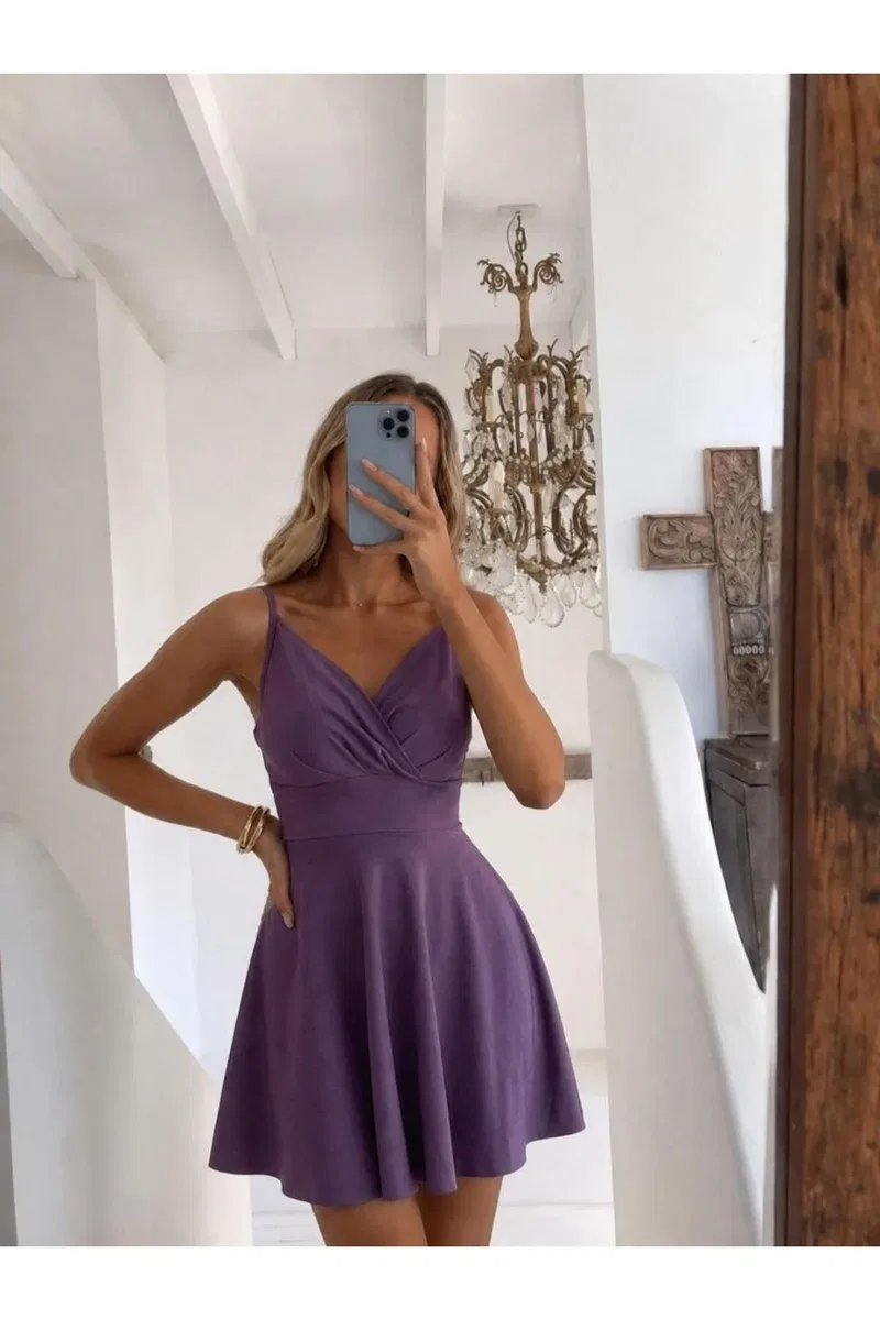Kadın Zarif Stil V Yaka İnce Askılı Krep Kumaş Çiçekli Kloş Mini Elbise görsel 2