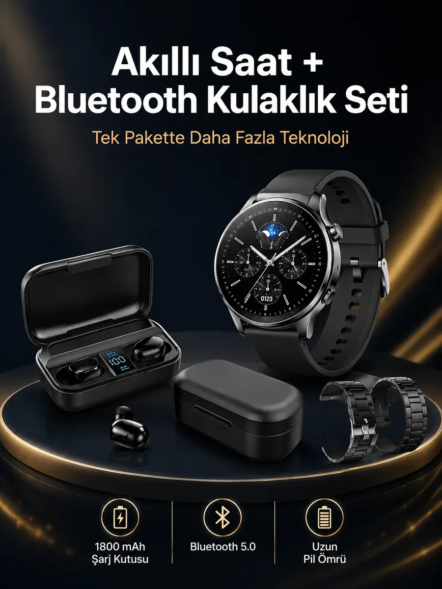 Kablosuz Bluetooth Kulaklık ve Kordon Hediyeli Akıllı Saat Nabız Ölçer Uzun Pil Ömrü