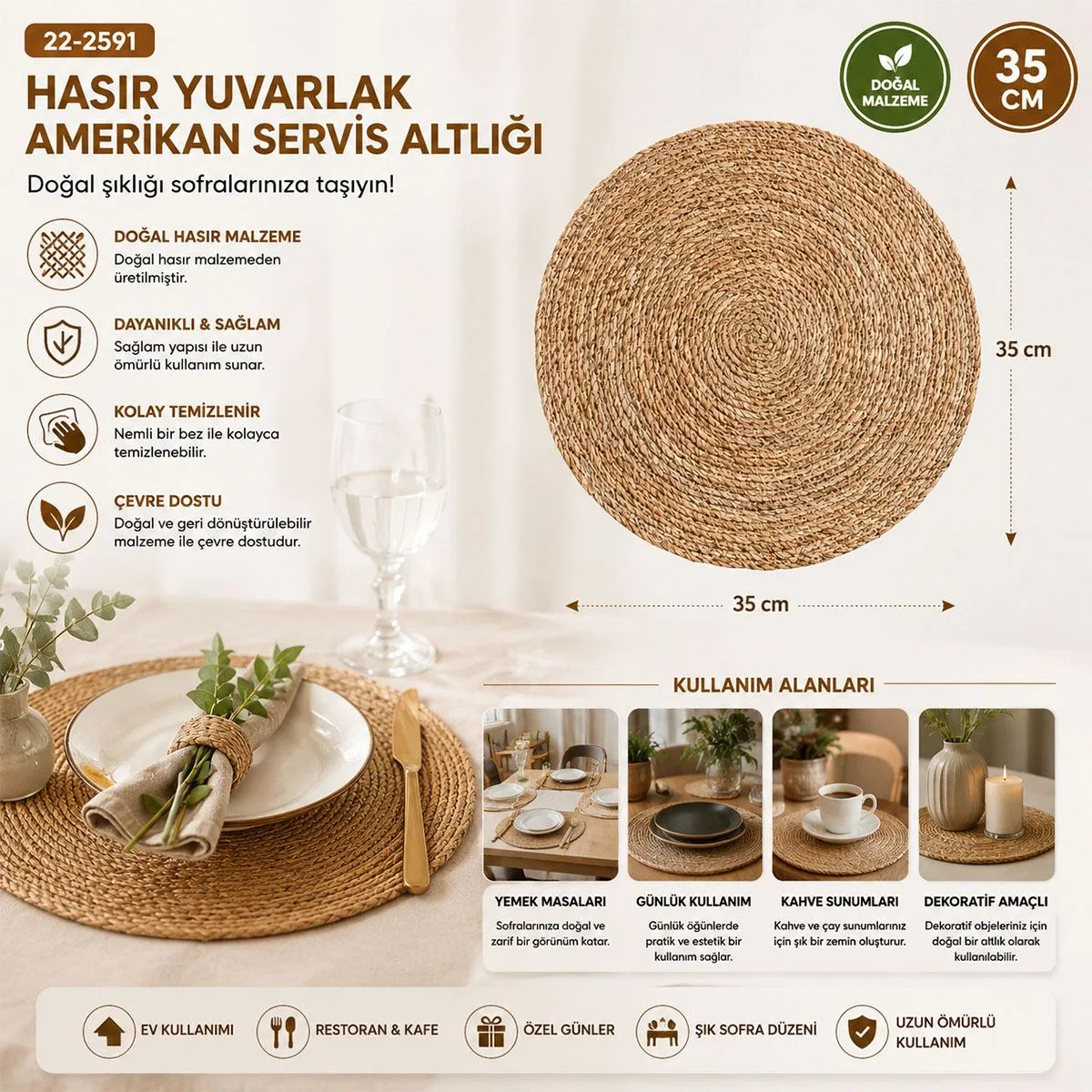 35 cm Hasır Yuvarlak Amerikan Servis Altlığı (Supla) görsel 4