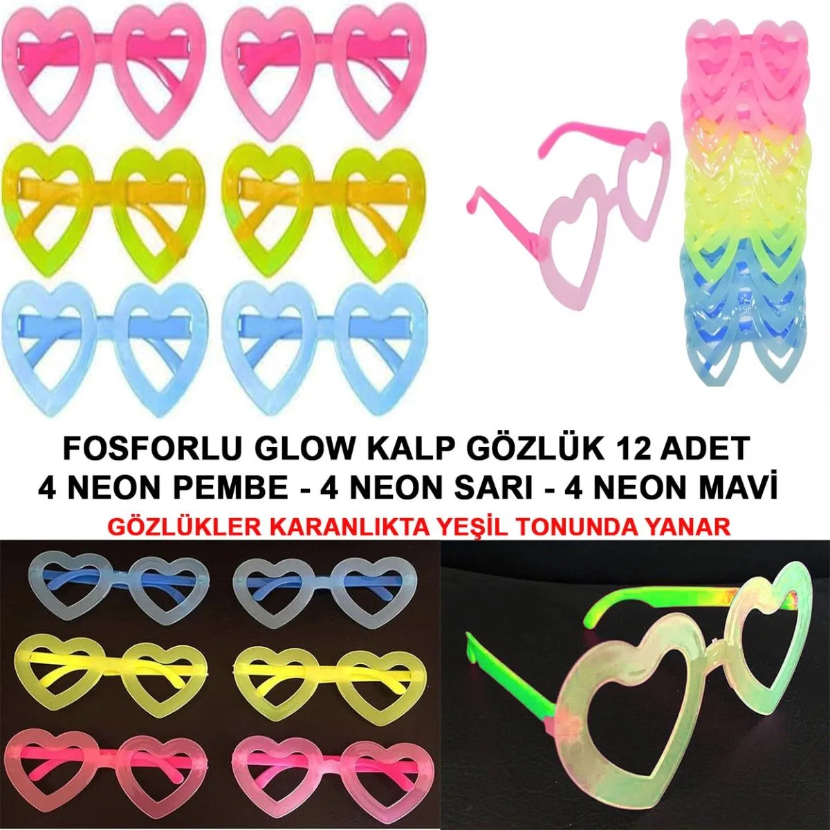 Retro Neon Fosforlu Kalp Gözlük 12 Adet – 80’ler 90’lar Parti Stili görsel 2