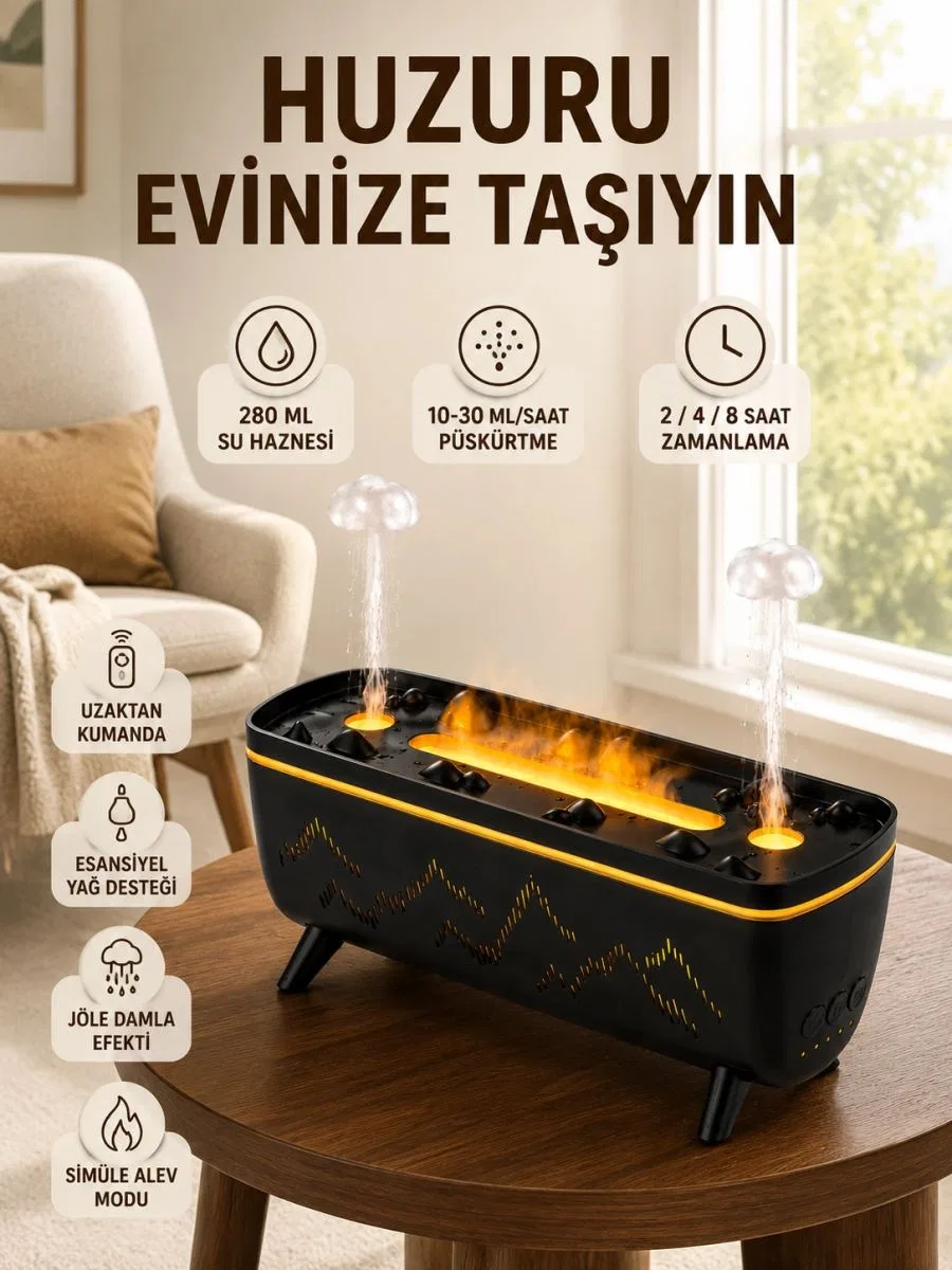 Alev Efektli Hava Nemlendirici 280 Ml Esansiyel Yağ Uyumlu Jöle Yağmur Efektli Difüzör görsel 2