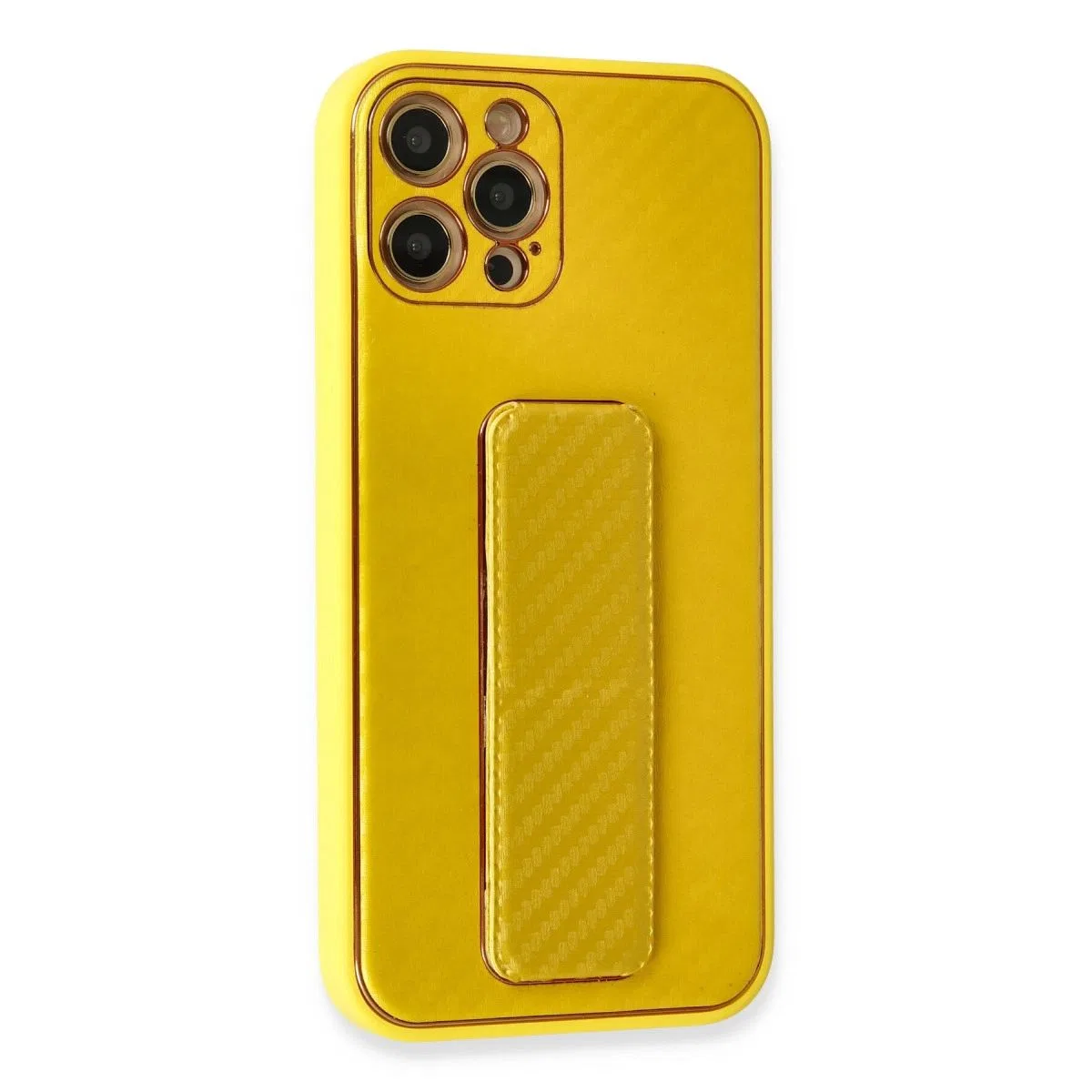 Apple İphone 12 Pro Max Kılıf Coco Karbon Standlı Kapak - Sarı görsel 2