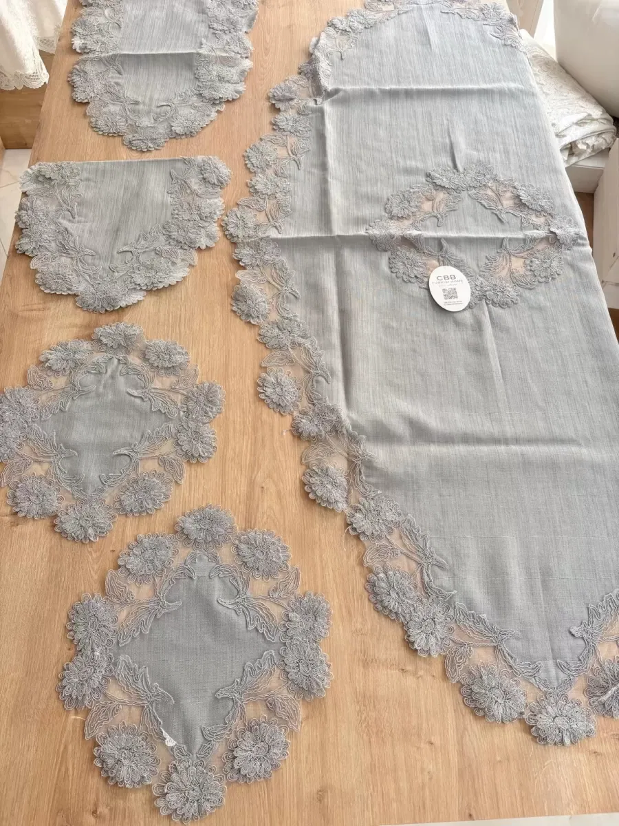 Salon Takımı Çeyizlik Gri Runner Set 5 Parça Keten Masa Örtüsü Runneri Flowers görsel 3