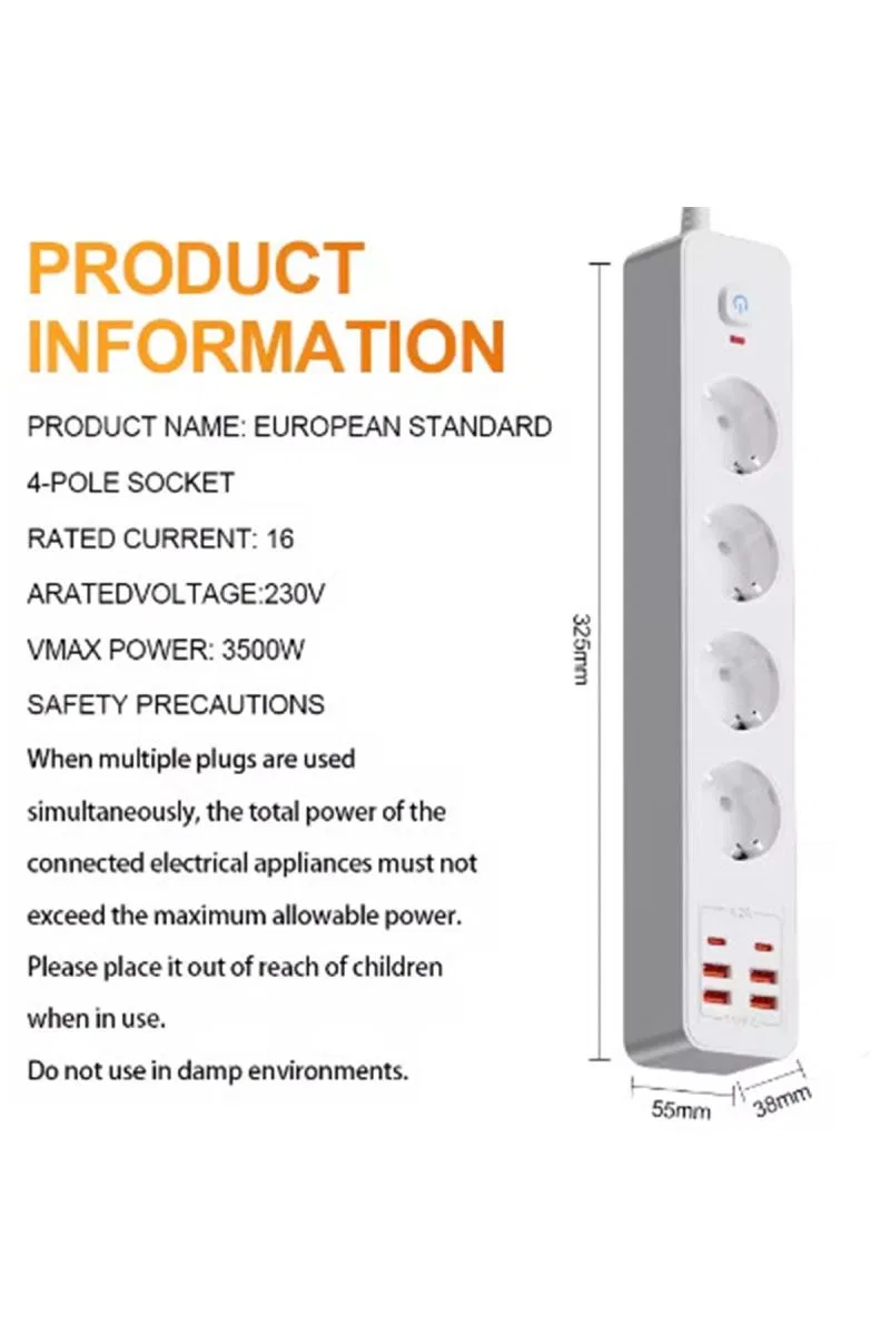 Termal Akım Korumalı 4’lü Priz 4x Usb 2x Type-c Çıkışlı Grup Priz Çoğaltıcı (3500w) görsel 5
