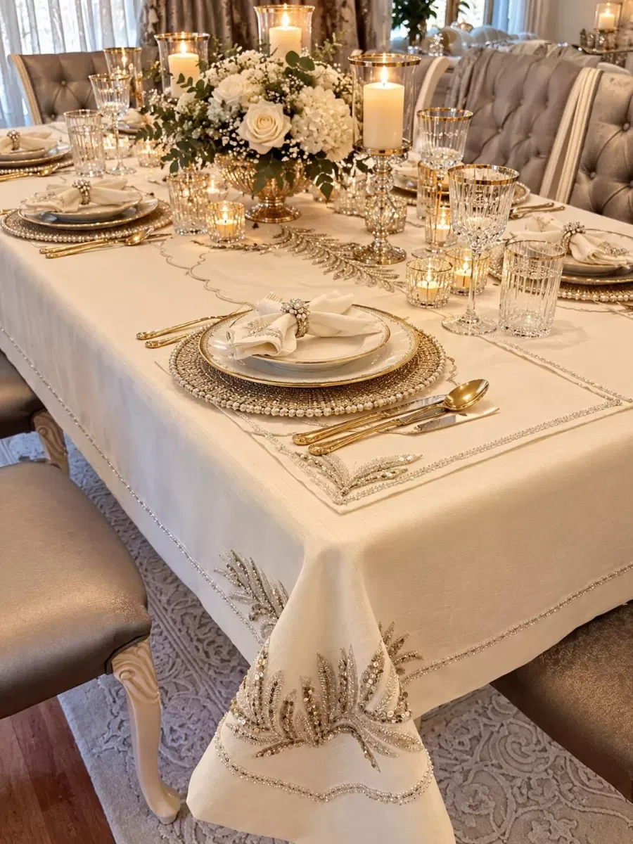 26 Parça Boncuklu Taşlı Livya Model Keten El İşlemeli Çeyizlik Sofra Takımı 160 x 260 Masa Örtüsü