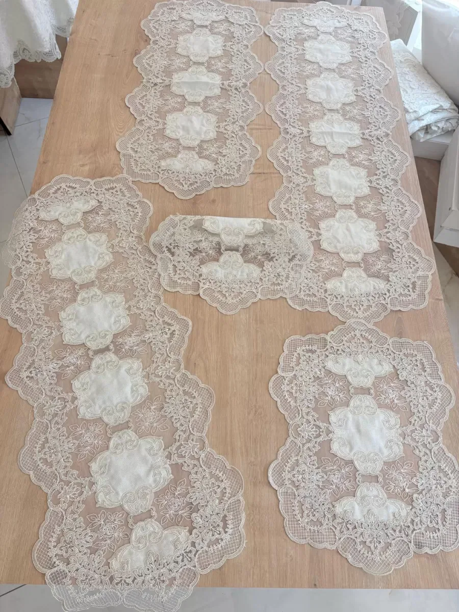 Salon Takımı Çeyizlik Krem Runner Set 5 Parça Keten Ranır Masa Konsol Sehpa Örtüsü Orkide görsel 3