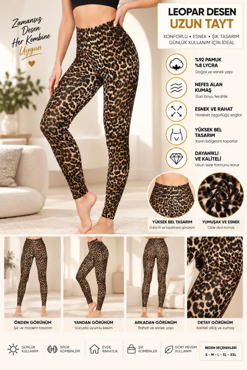 Kadın Leopar Desenli Yüksek Bel Uzun Tayt – %92 Pamuk %8 Lycra, Esnek Kumaş - ryl - 3005 görsel 3