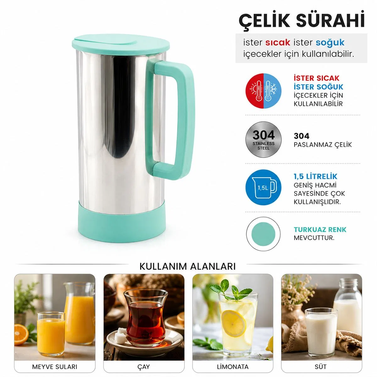 Paslanmaz Çelik Sürahi (Turkuaz) - Sıcak & Soğuk görsel 2