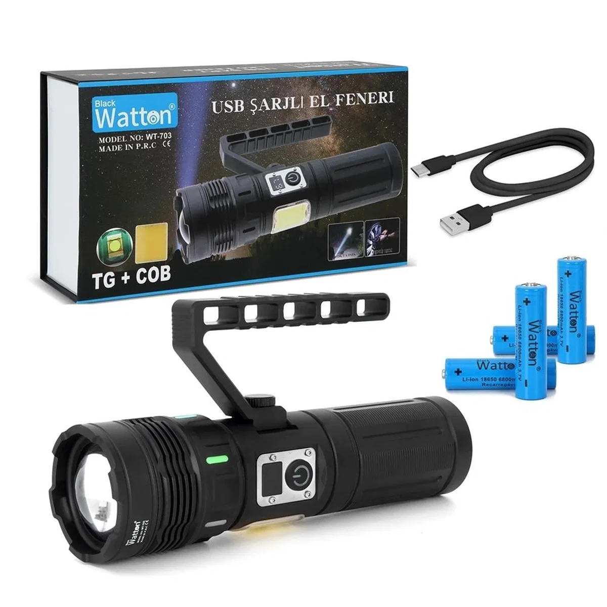 15. 000 Lümen Tg+cob Led Şarjlı El Feneri Wt-703