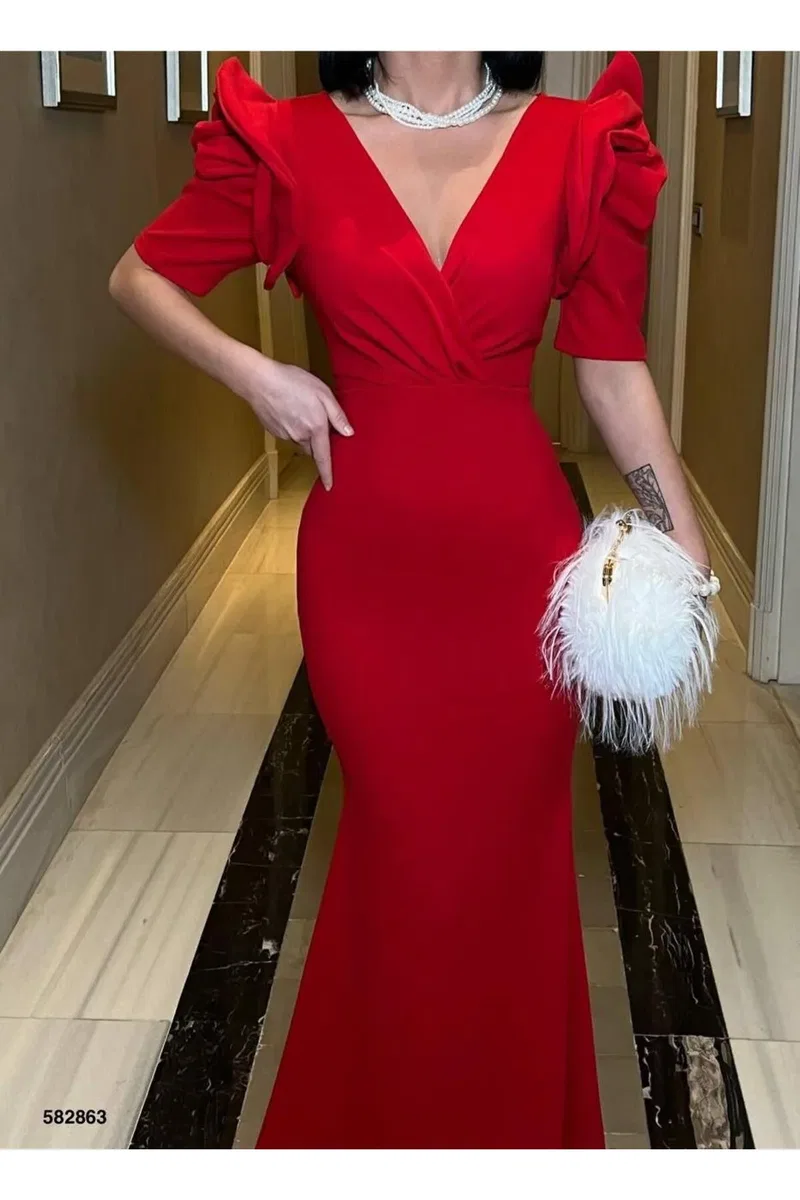 Kadın Vintage Kruvaze Kısa Kol Balık Kesim Abiye Elbise görsel 7