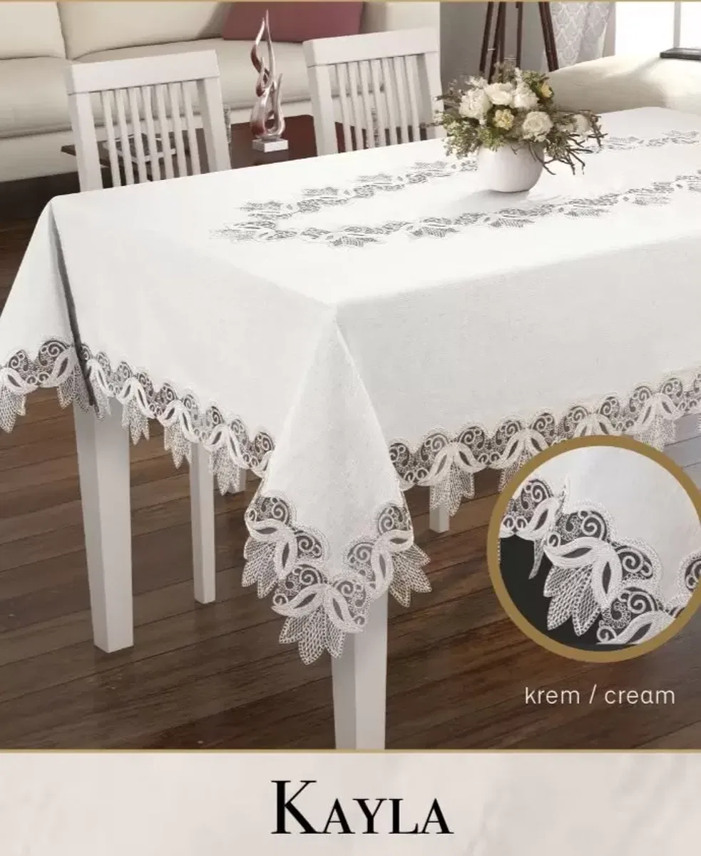 Keten Dantel Masa Örtüsü Kayla Model 155x220 cm Krem Yemek Masası Dekoratif görsel 7