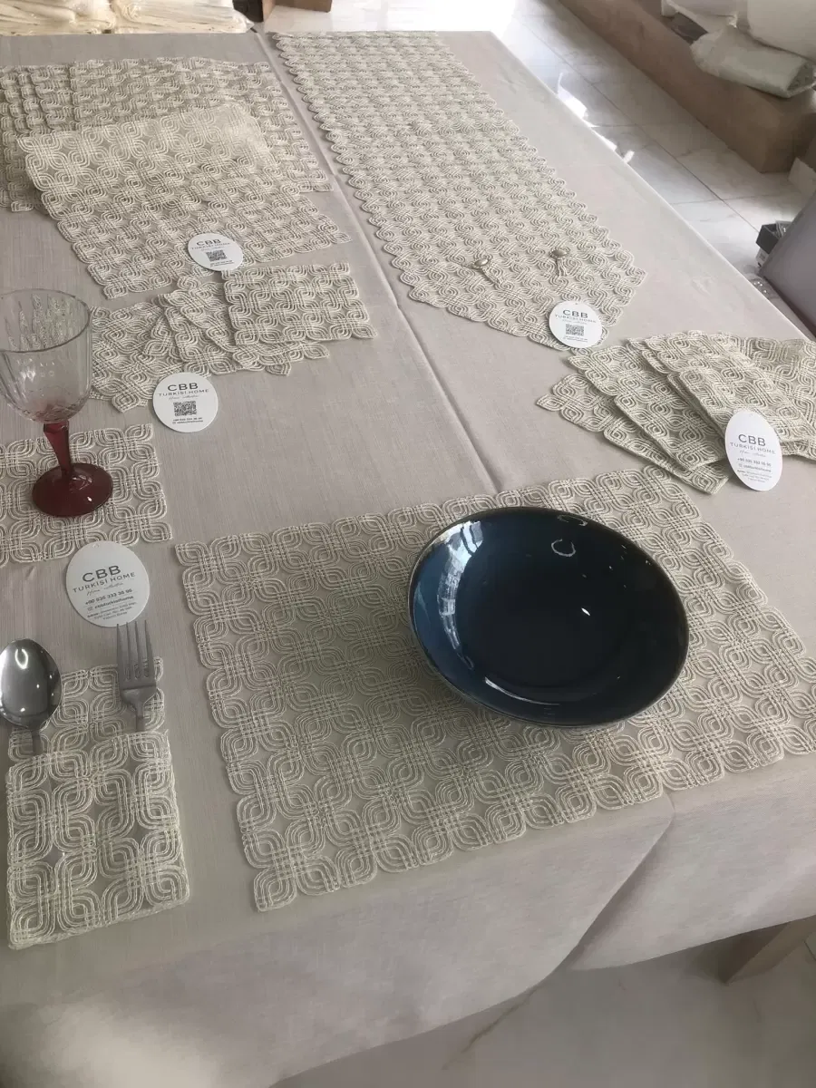 Sofra Takımı Orion Gardenya Keten Yemek Takımı 160x260 Masa Seti 26 Parça Runner Set Kapiçino görsel 5