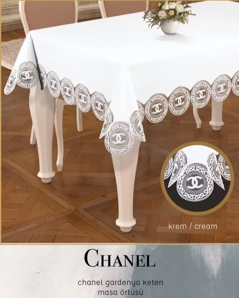 160x260 cm Chanel Model Gardenya Keten Krem-Krem Masa Örtüsü Şık Dekoratif görsel 5