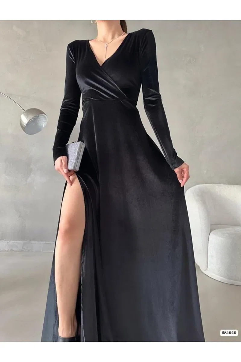 Kadın Şık Model Kruvaze Uzun Kol Kadife Kumaş Yırtmaçlı Maxi Abiye Elbise görsel 7
