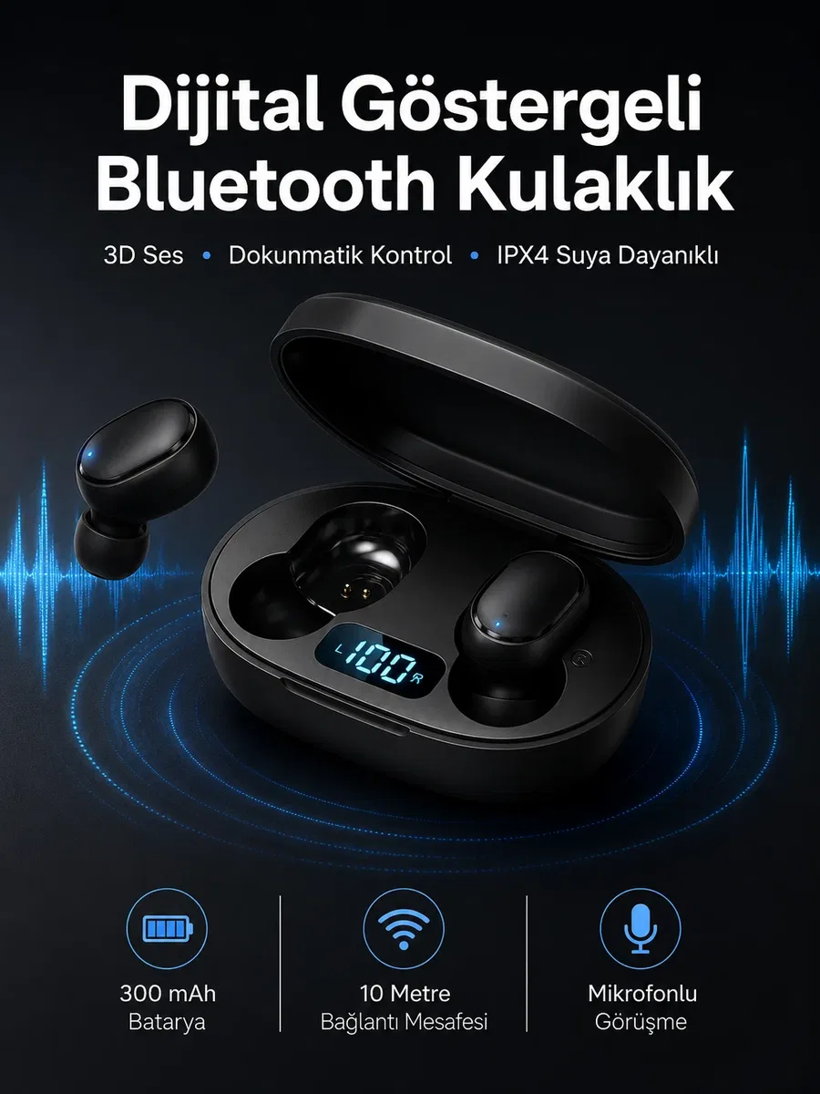 İkili Bluetooth Kulaklık Dijital Göstergeli Uzun Pil Ömrü Yüksek Ses Kaliteli Yeni Nesil