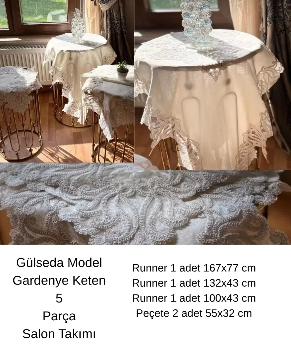 Gülseda Krem-Krem Model 5 Parça Keten Masa Örtüsü Runner Seti Çeyizlik Salon Takımı görsel 8