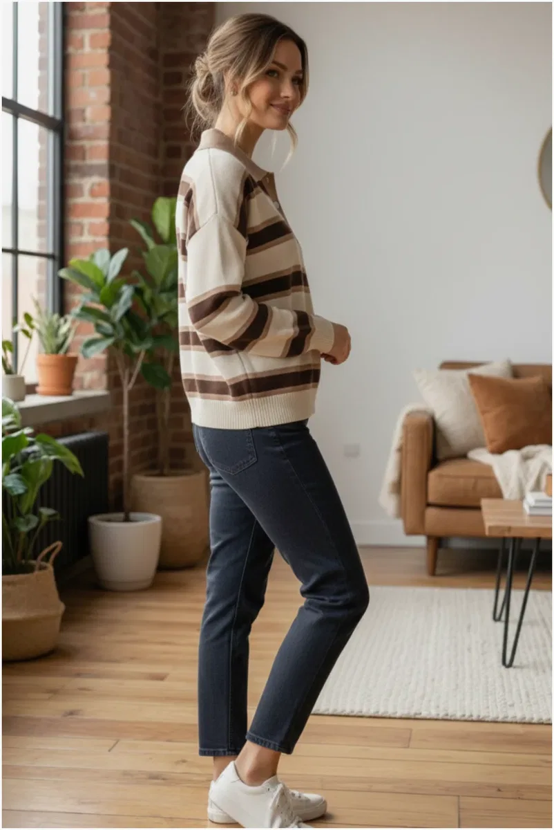 Kadın Şık Polo Yaka Çizgili Oversize Triko Kolej Stil Yumuşak Dokulu Kazak görsel 2