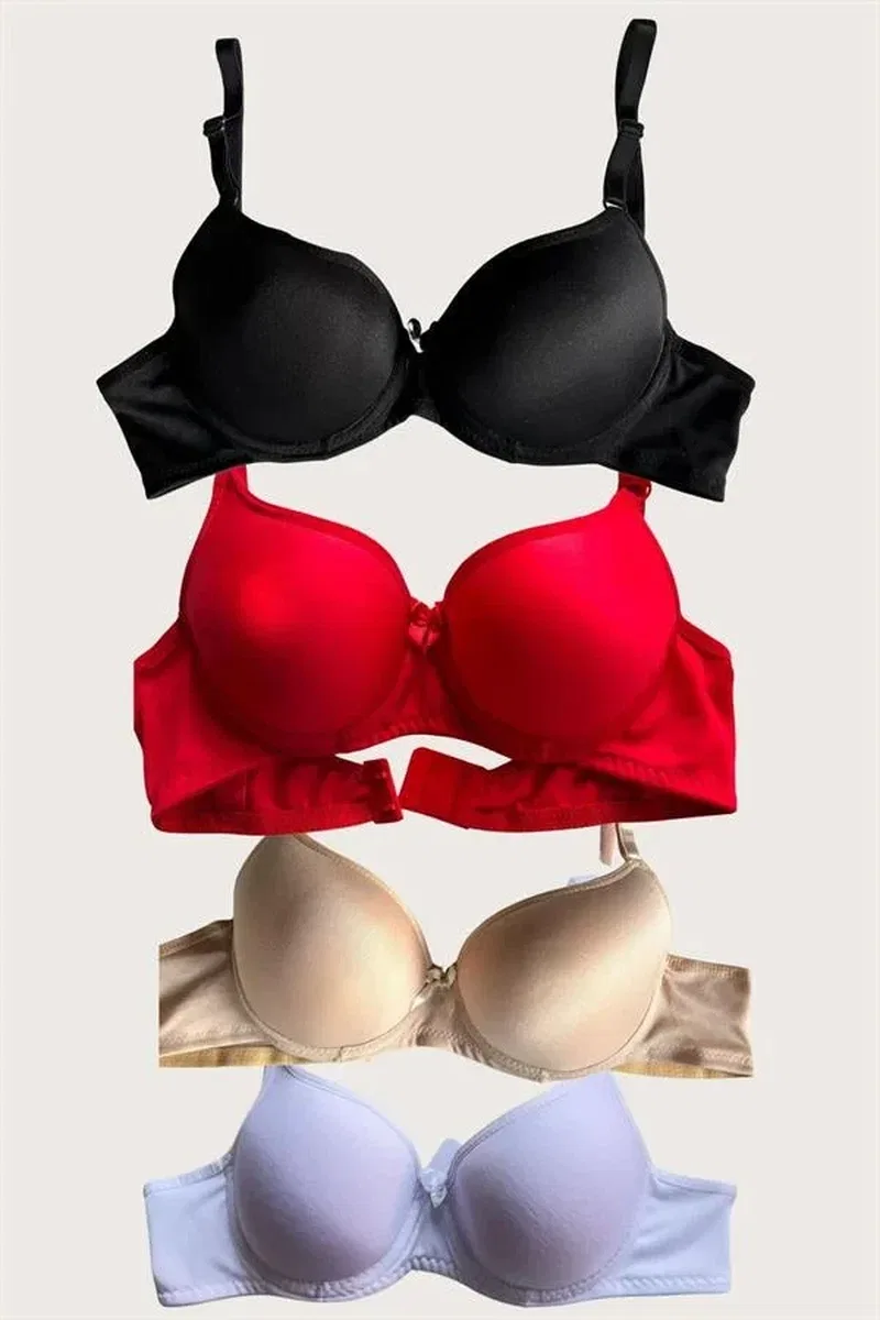 Siyah-Beyaz-Kırmızı-Ten 4'lü İçi Boş Micro Balenli Günlük Tek Desteksiz Sütyen görsel 5