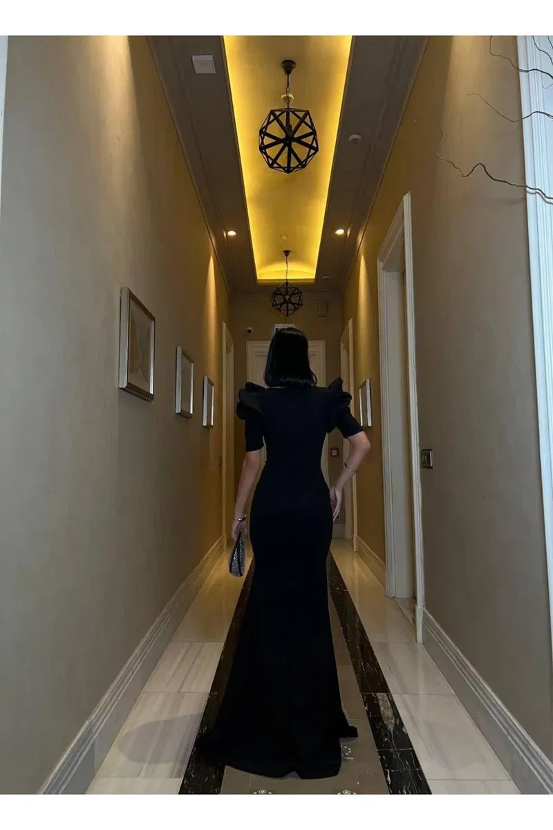 Kadın Vintage Kruvaze Kısa Kol Balık Kesim Abiye Elbise görsel 4