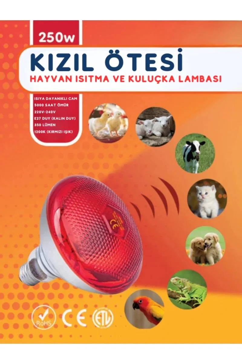 250w Kızılötesi (infrared) Isıtıcılı Hayvan Isıtma Ve Kuluçka Lambası (kırmızı Işık) E27 (kalın Duy)