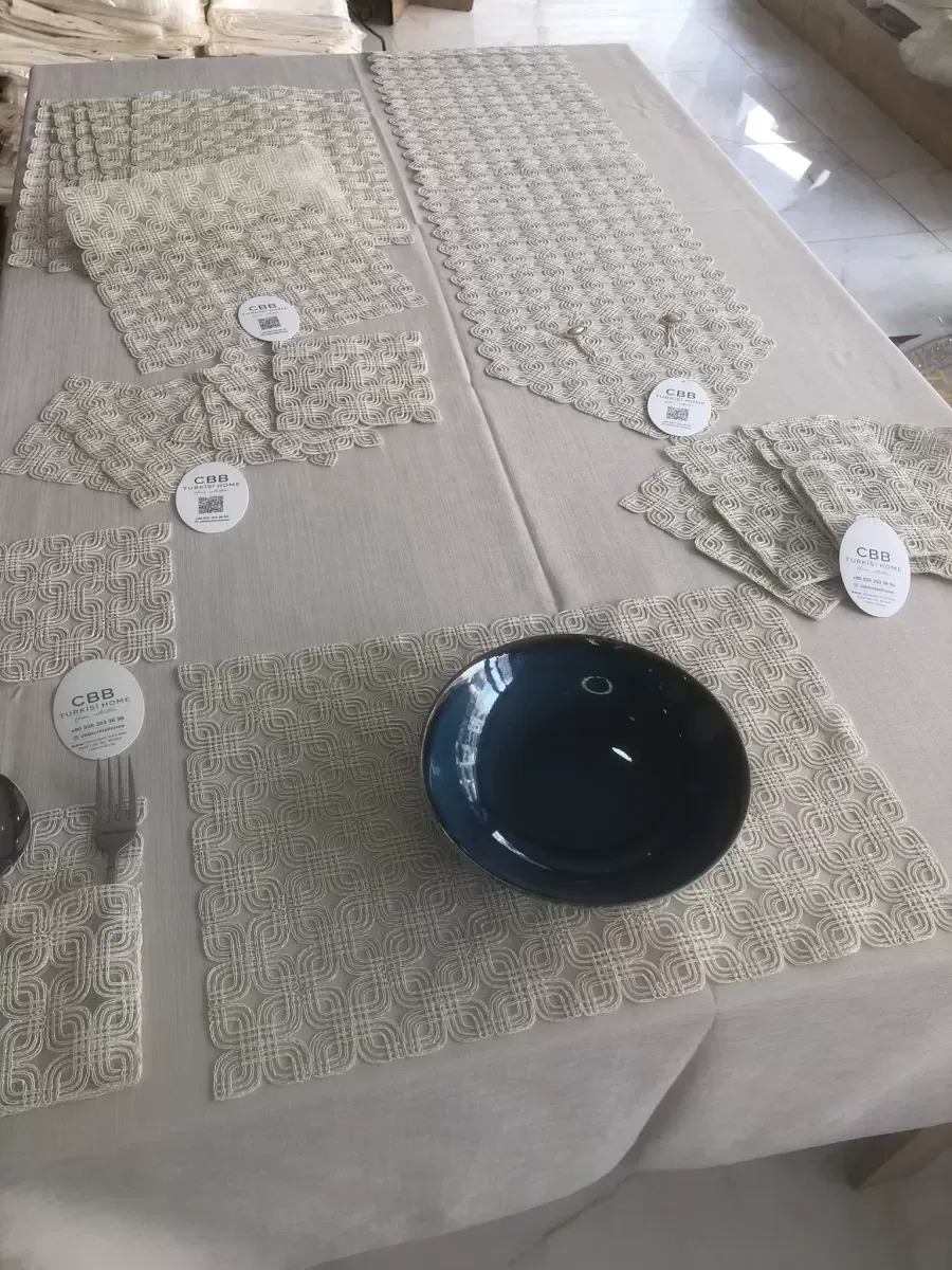 Sofra Takımı Orion Gardenya Keten Yemek Takımı 160x260 Masa Seti 26 Parça Runner Set Kapiçino görsel 9