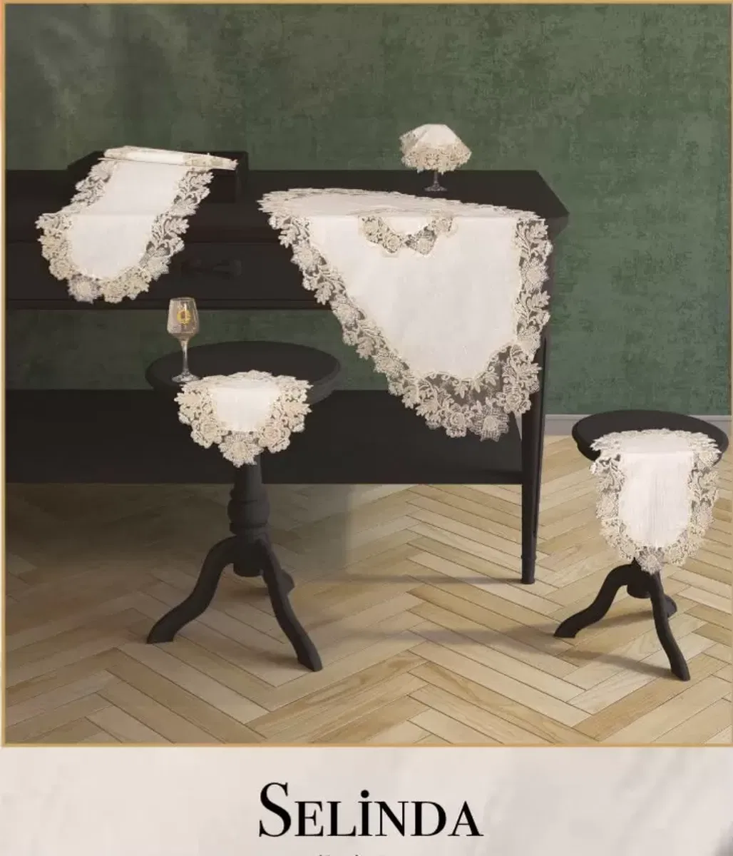 Salon Takımı 5 Parça Dantelli Keten Masa Örtüsü Runner Seti Çeyizlik Şelinda Model No 96350 Krem-Krem görsel 3
