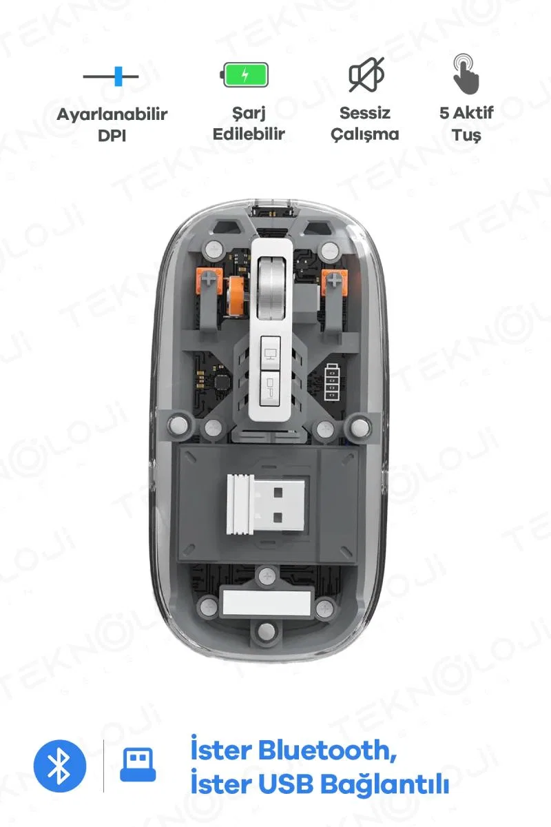 Bluetooth Usb Çift Modlu Sessiz Mouse, Şeffaf Mıknatıslı Kapaklı, Type-c Şarjlı, Dpı Ayarlı, Kablosuz 10m Çekim Mesafeli, Masaüstü Kısayol Tuşlu, Taşınabilir Şarjlı Mouse Siyah