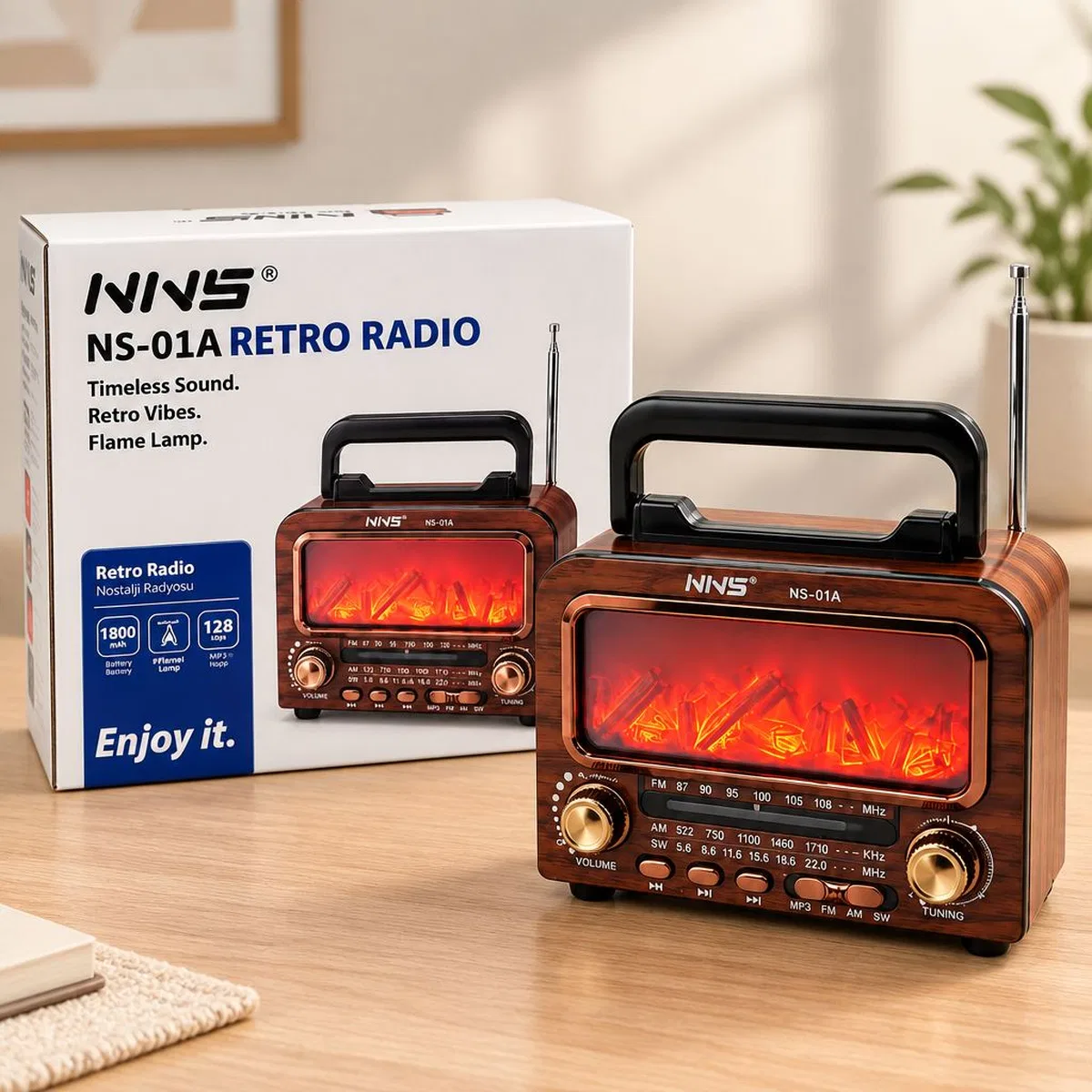 Şömineli Retro Radyo Hoparlör (Bluetooth, AM/FM/SW, USB/Type-C, TF)