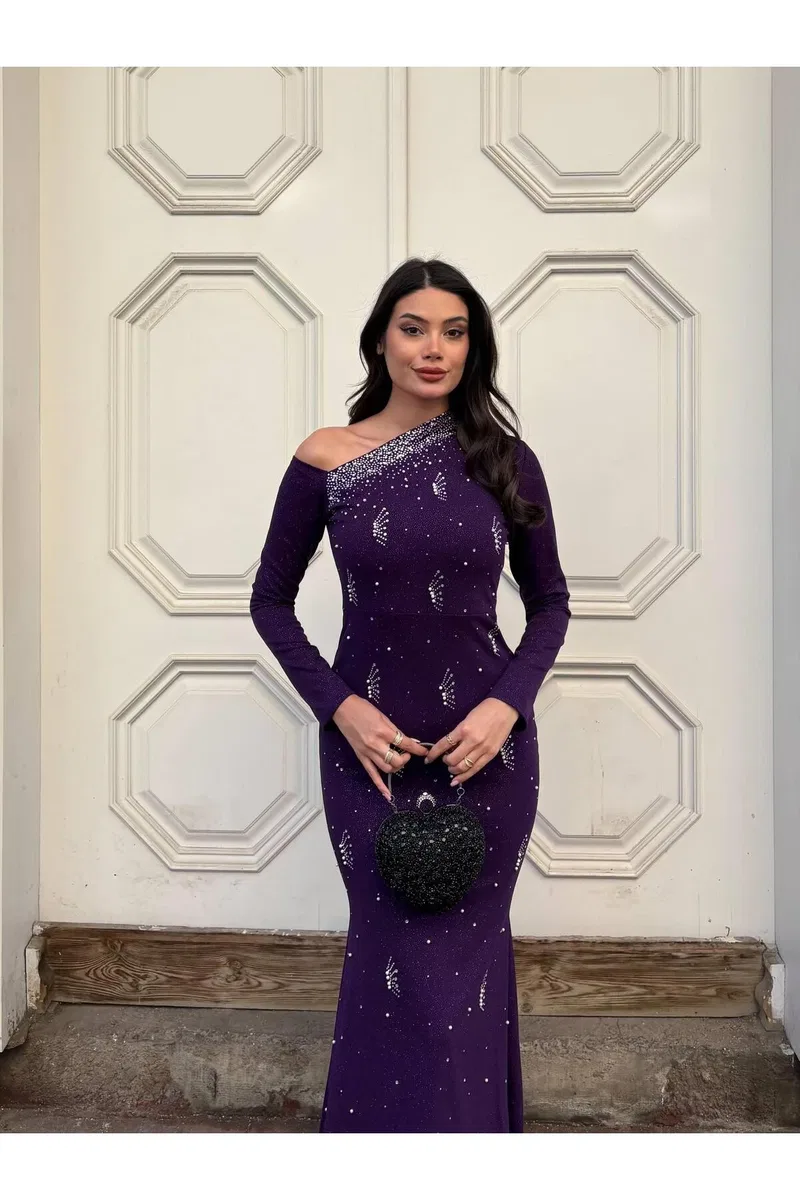 Kadın Trend Model Tek Omuz Tek Kol Gömlek Abiye Elbise görsel 7