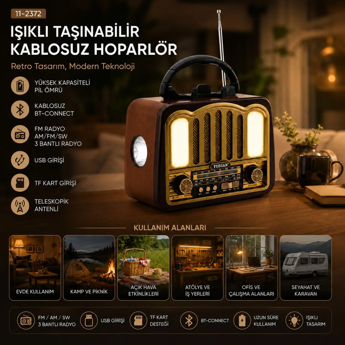 Şarjlı Bluetooth FM Radyo Hoparlör (USB/TF MP3, Nostaljik İbreli) görsel 3