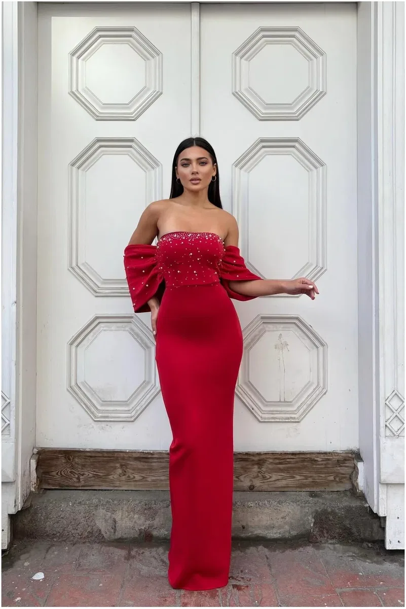 Kadın Trend Model Esnek Tül Kumaş Straplez Abiye Elbise görsel 7