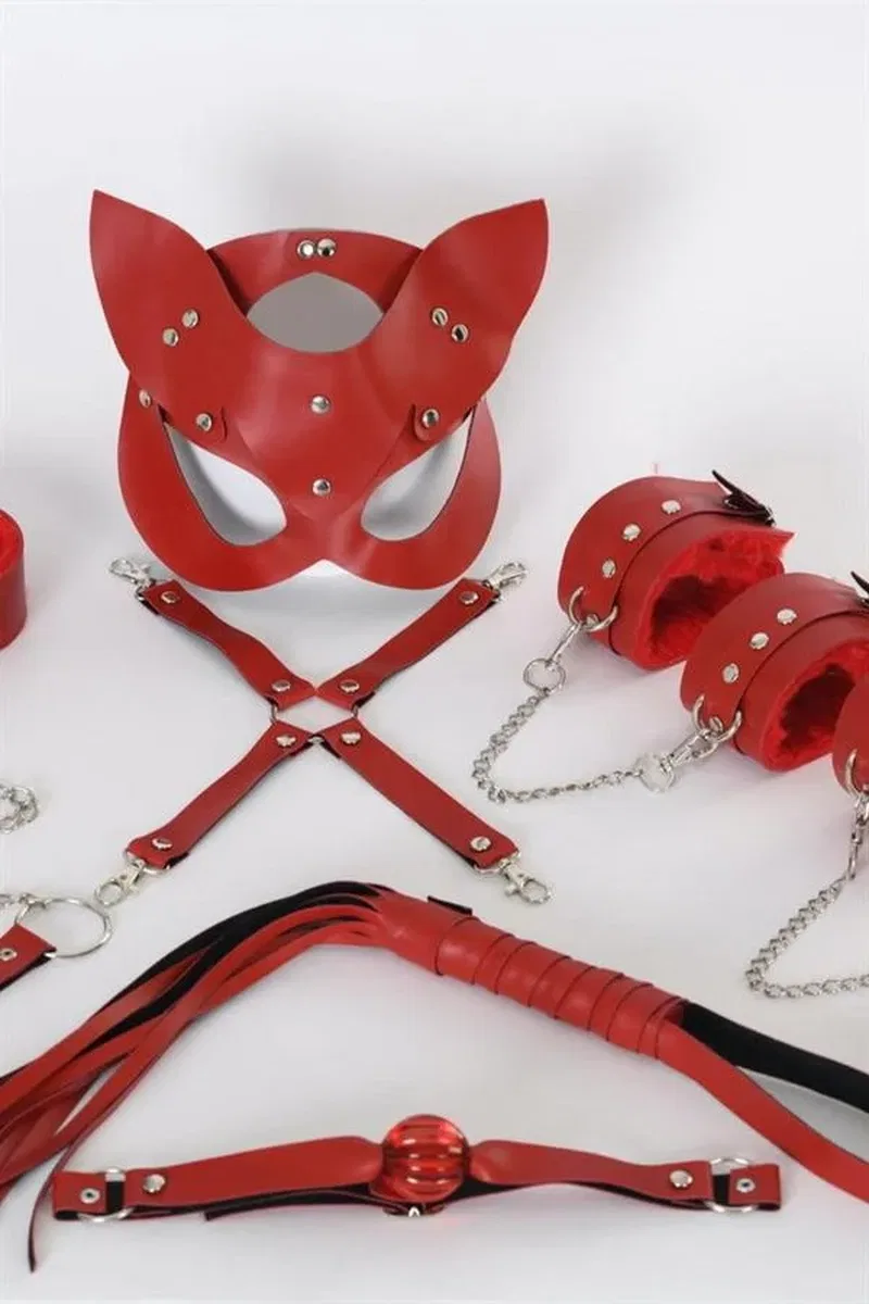 Kırmızı İçi Tüylü Maske,Kol,Bacak,Ağız Topu,Tasma Harness Set görsel 2
