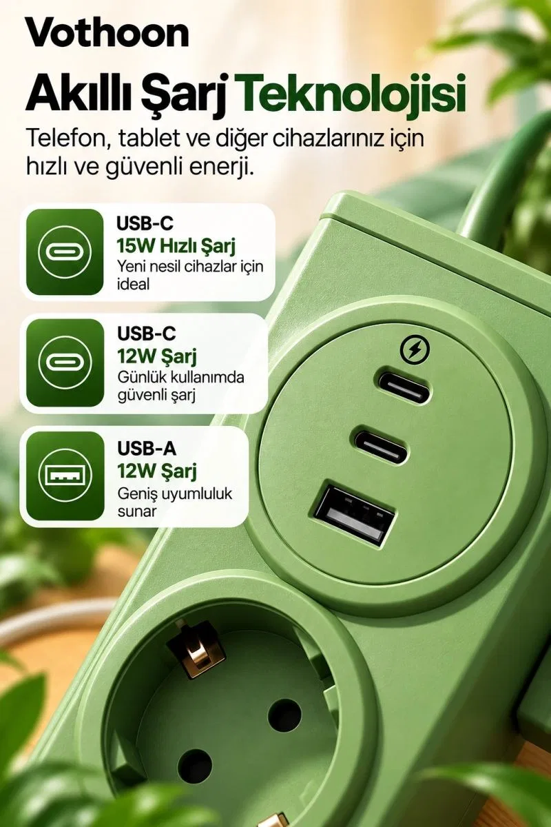 4’lü Akıllı Priz Tek Dokunuşla Fiş Çıkarma 2 Metre Kablo 2 Type-c + Usb 15w Hızlı Şarj 3680w görsel 3