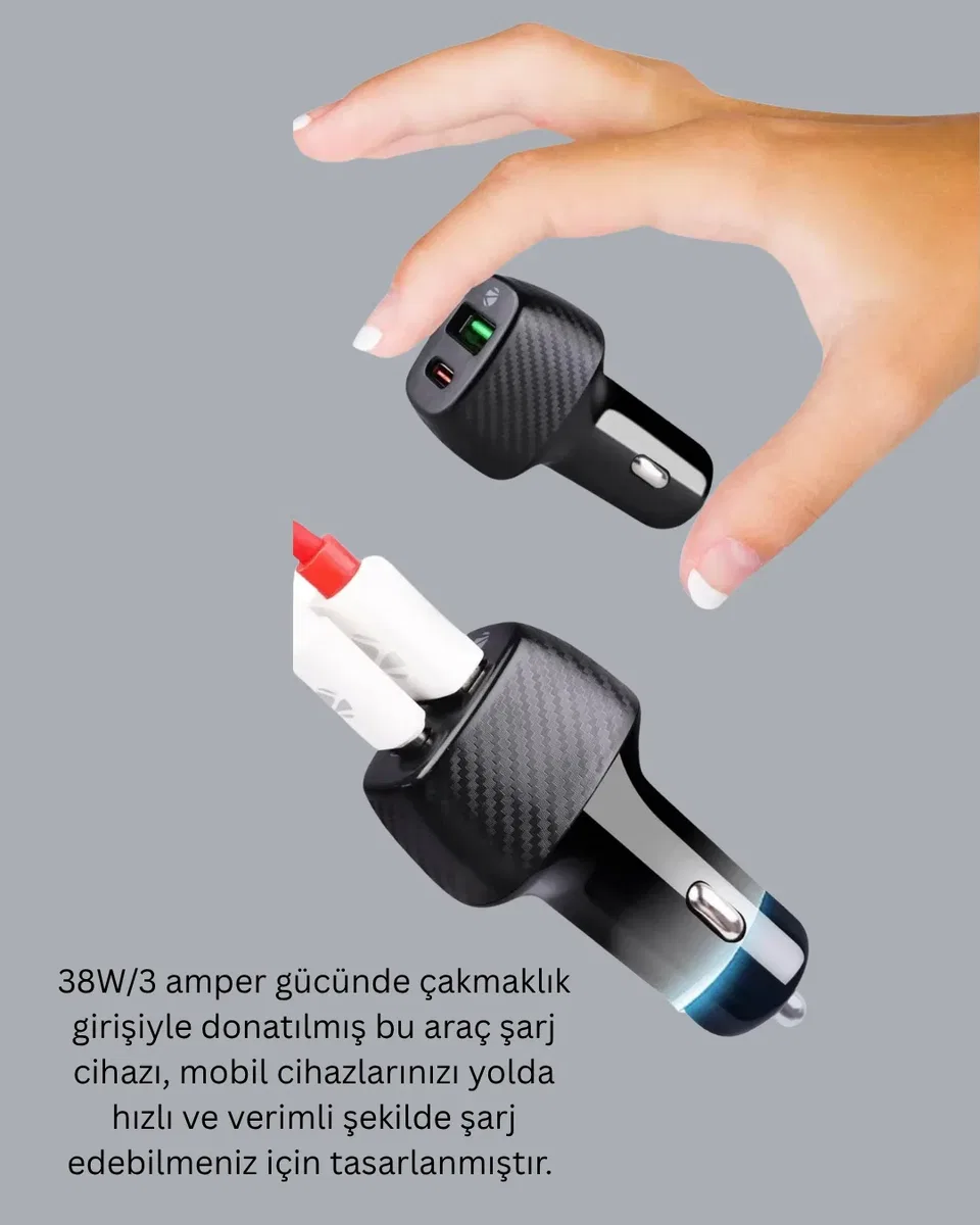 Kompakt Tasarımlı Type-C + USB Girişli Araç Şarj Başlığı görsel 2