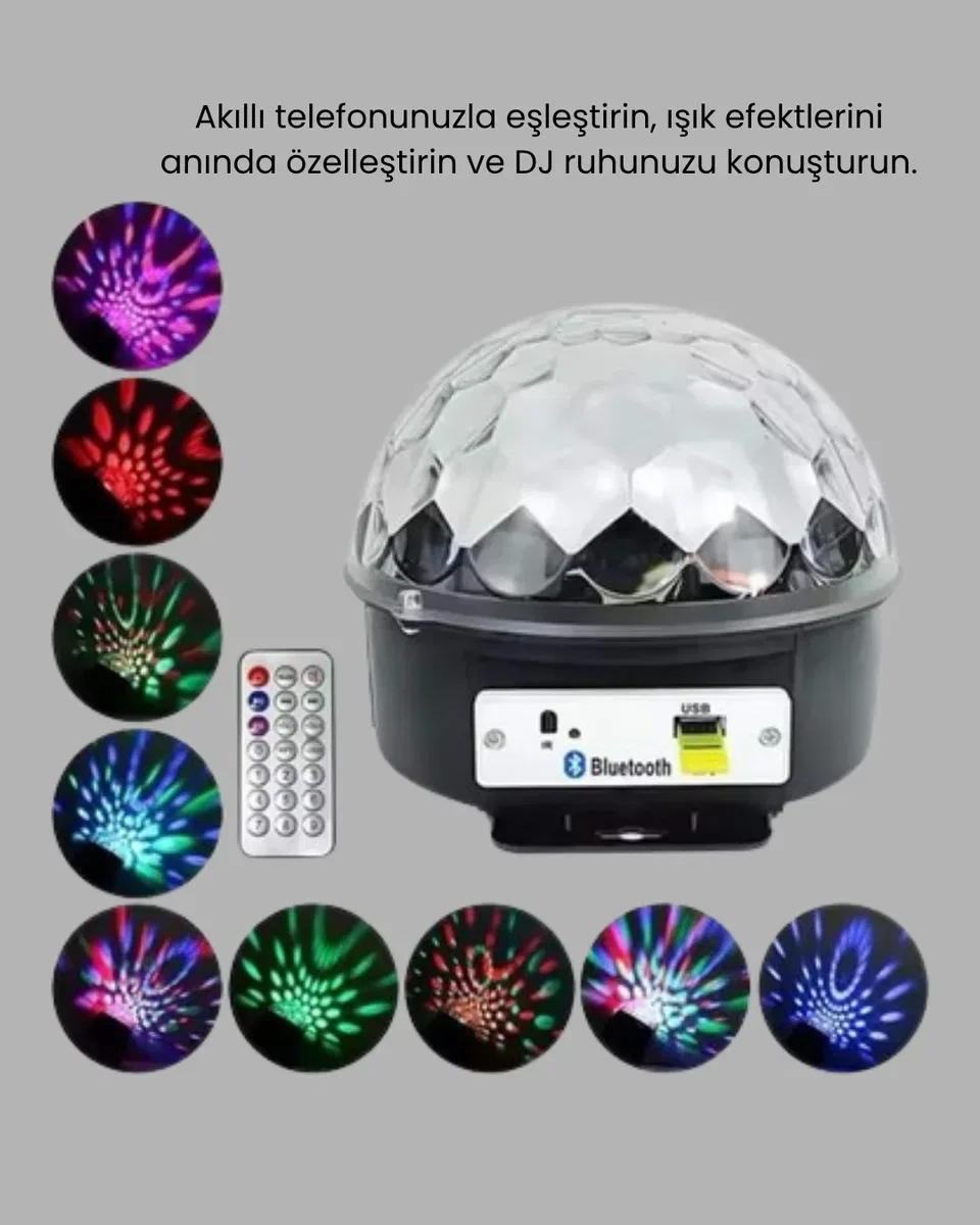 Bluetooth Kontrollü Masaüstü Disko Topu Işığı – Renkli LED Işık Gösterisi ve Uzaktan Kumanda görsel 4